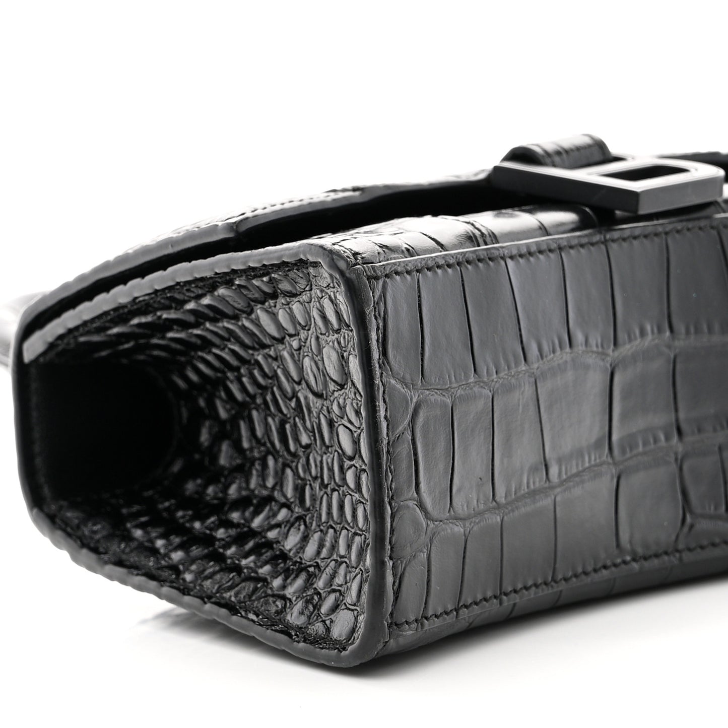 Shiny Calfskin Monochrome Crocodile Embossed Hourglass Top Handle Bag XS Black