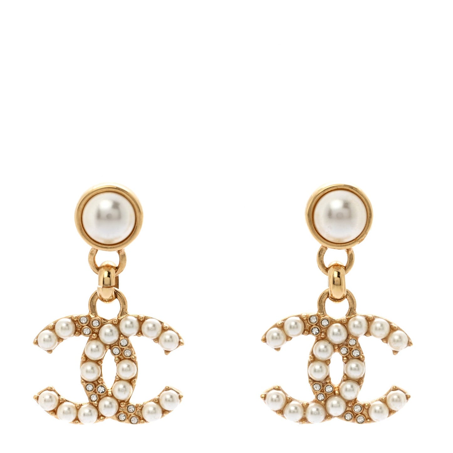 Pearl Crystal CC Drop Earrings Gold