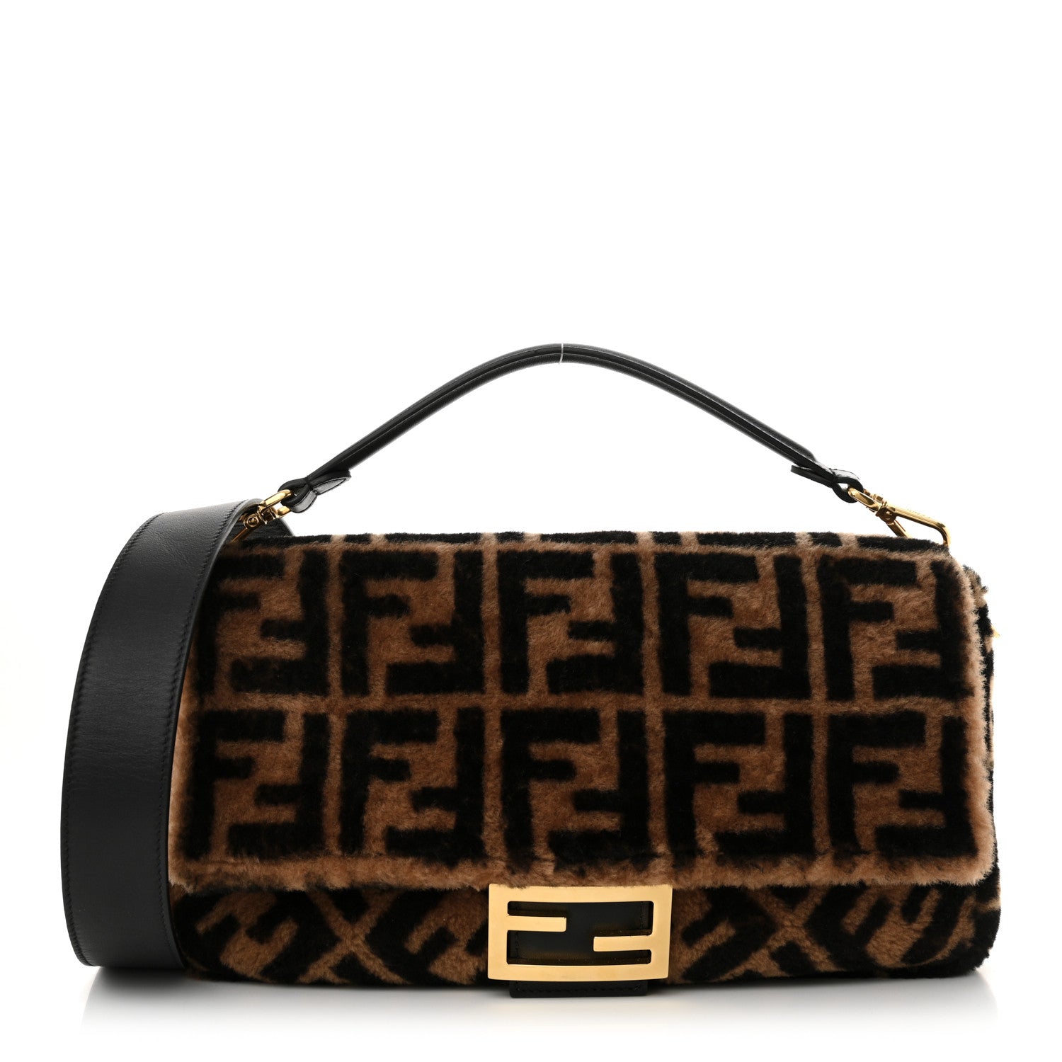 Fendi Shearling Vitello Dolce Macro FF 1974 Large Baguette Tobacco