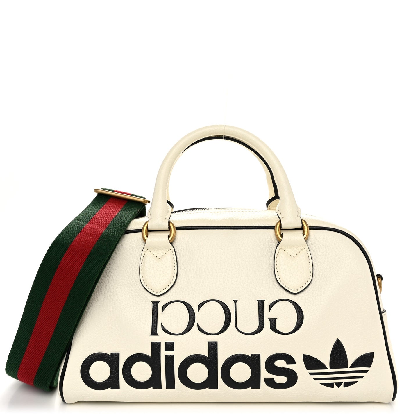 X ADIDAS Textured Dollar Calfskin Web Trefoil Logo Embossed Mini Bowling Bag Off White