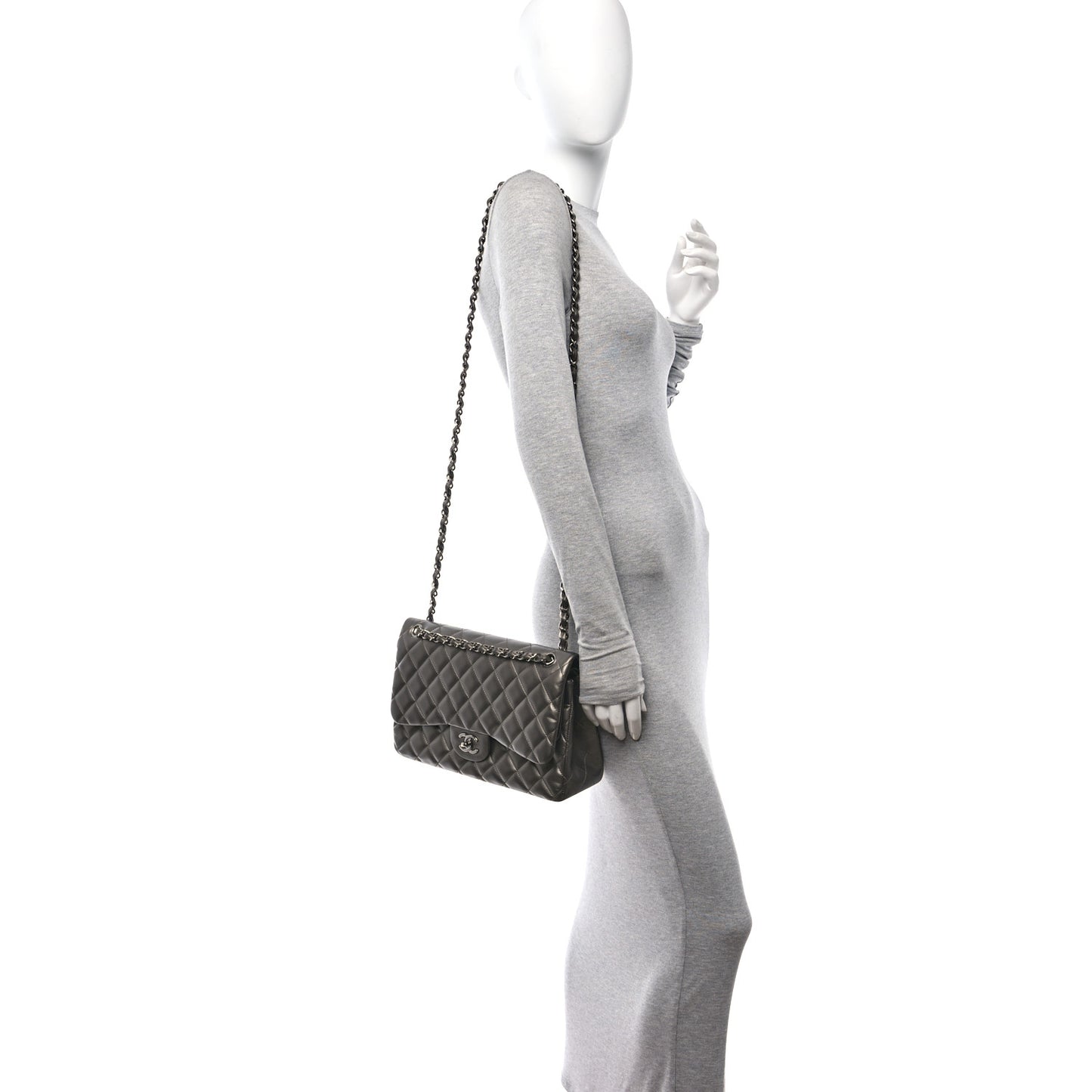 Metallic Lambskin Quilted Jumbo Double Flap Pewter
