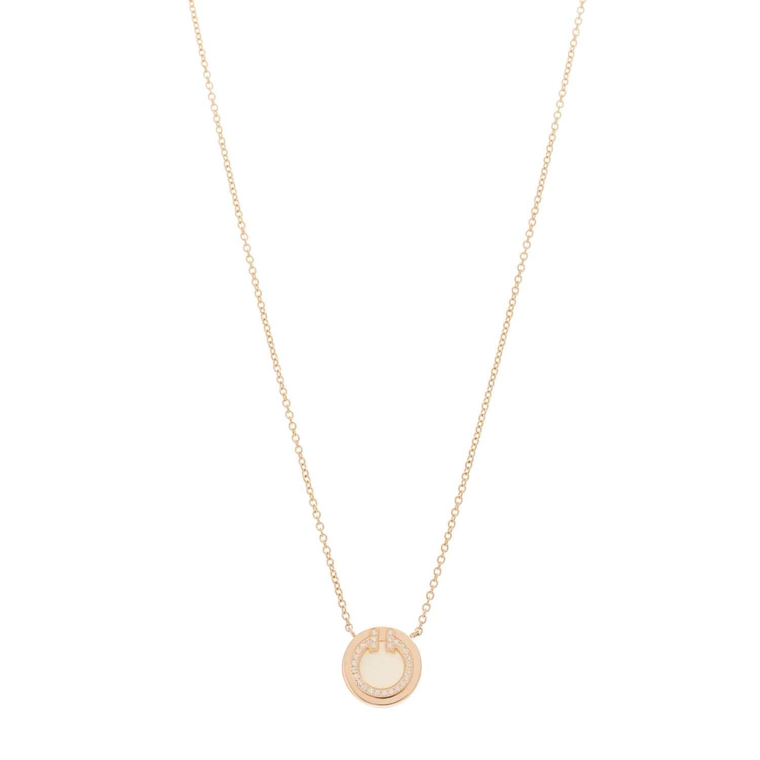 Tiffany 18K Rose Gold Diamond Mother of Pearl Small T Circle Pendant Necklace 1 of 5