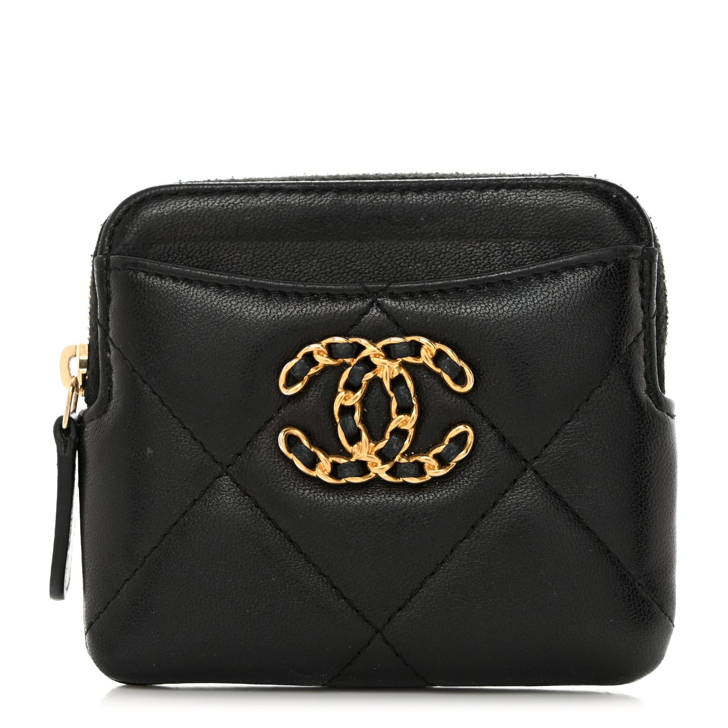 Lambskin Quilted Chanel 19 Zip Card Holder Wallet Black