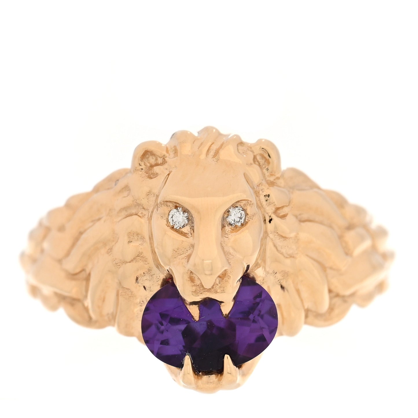 18K Yellow Gold Diamond Amethyst Lion Head Ring 50 5.25