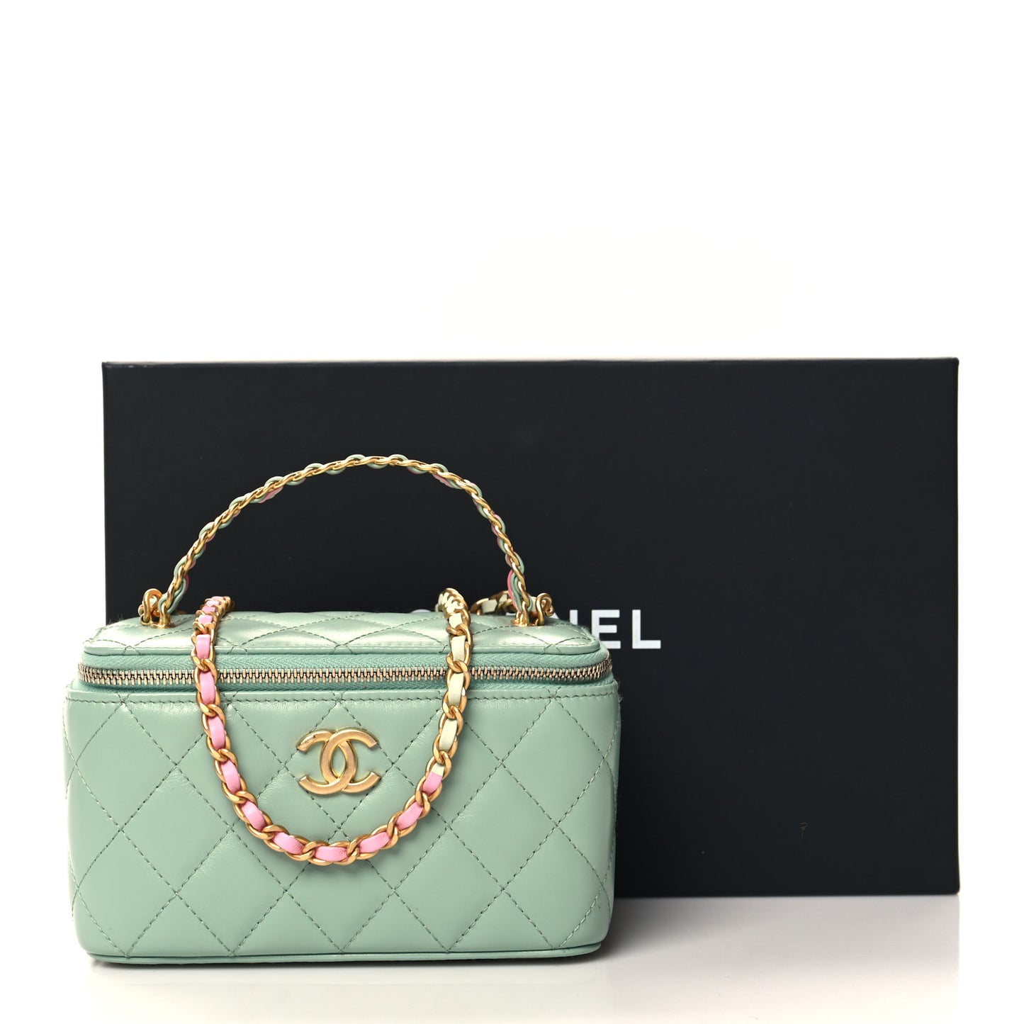 Shiny Calfskin Quilted Small Top Handle Vanity Case With Chain Light Green