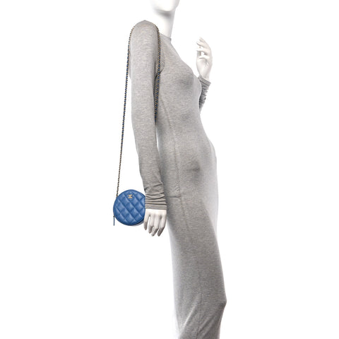 Lambskin Quilted Round Clutch With Chain Blue