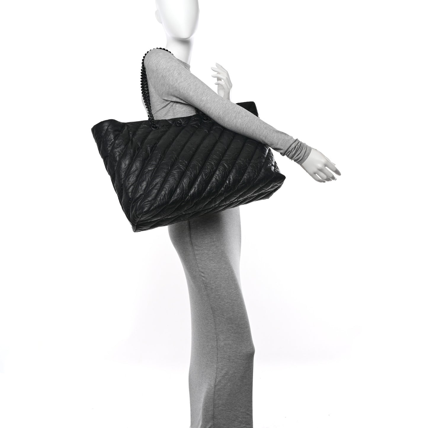 Crushed Calfskin Quilted Matte Black Hardware Large Crush Carry All Tote Bag Black