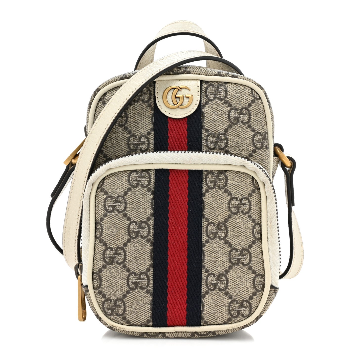 GG Supreme Monogram Web Mini Ophidia Double Zip Messenger Bag Beige Ebony Mystic White