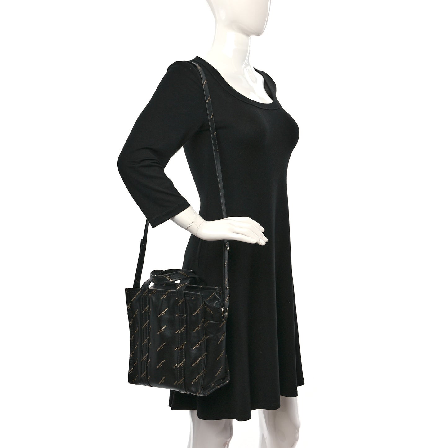 Calfskin Allover Logo XS Bazar Shopper Tote Black Gold