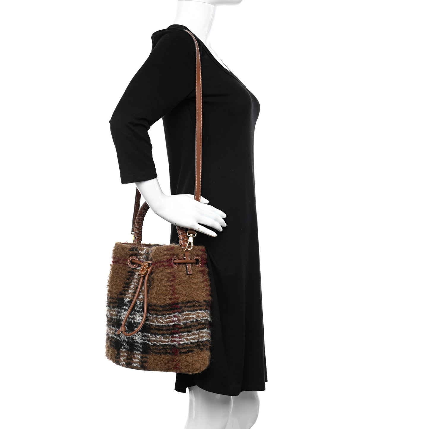 Mohair Check Calfskin TB Small Bucket Bag Brown
