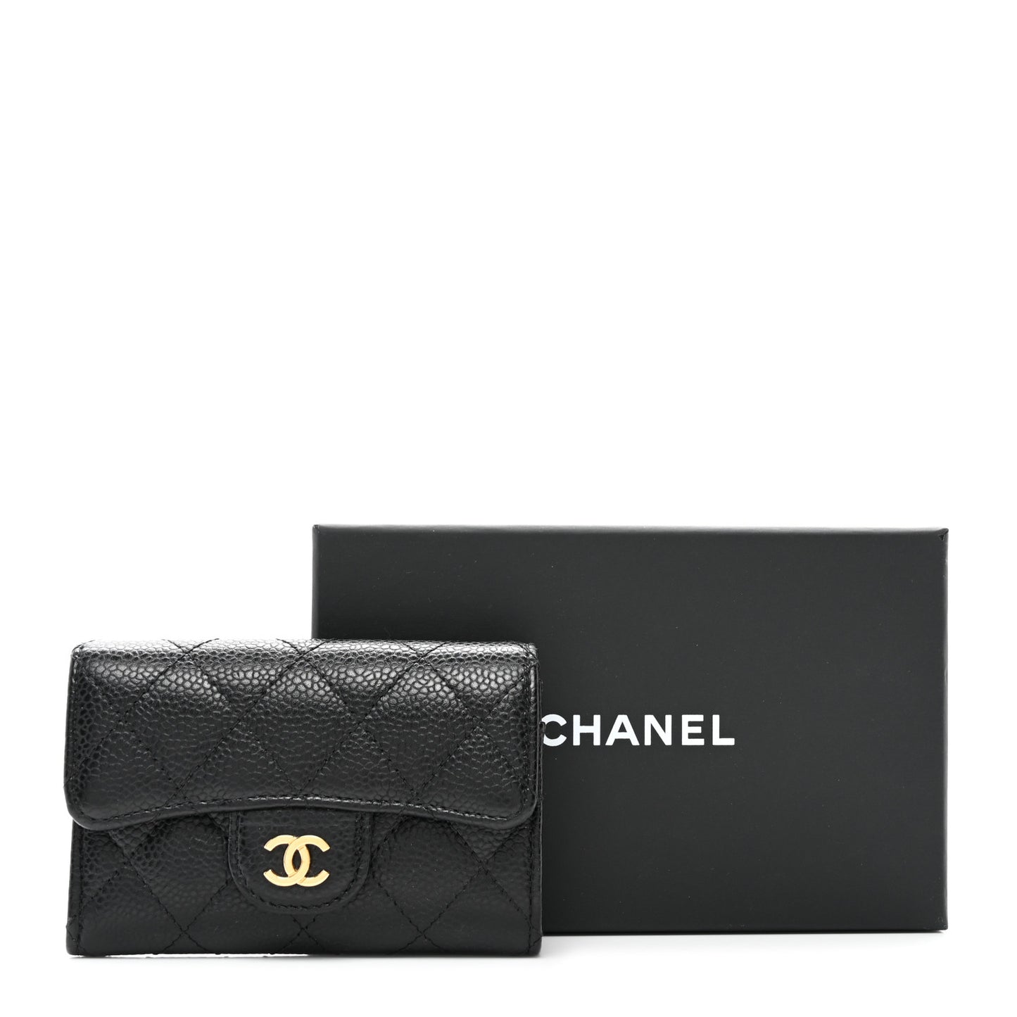 Caviar Quilted Flap Card Holder Wallet Black