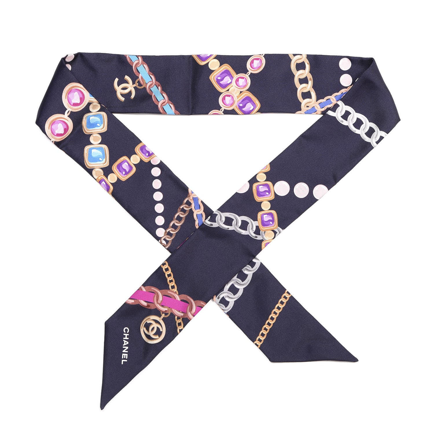 Chanel Silk Pearl CC Chain Slim Bandeau Scarf Navy Blue 591979
