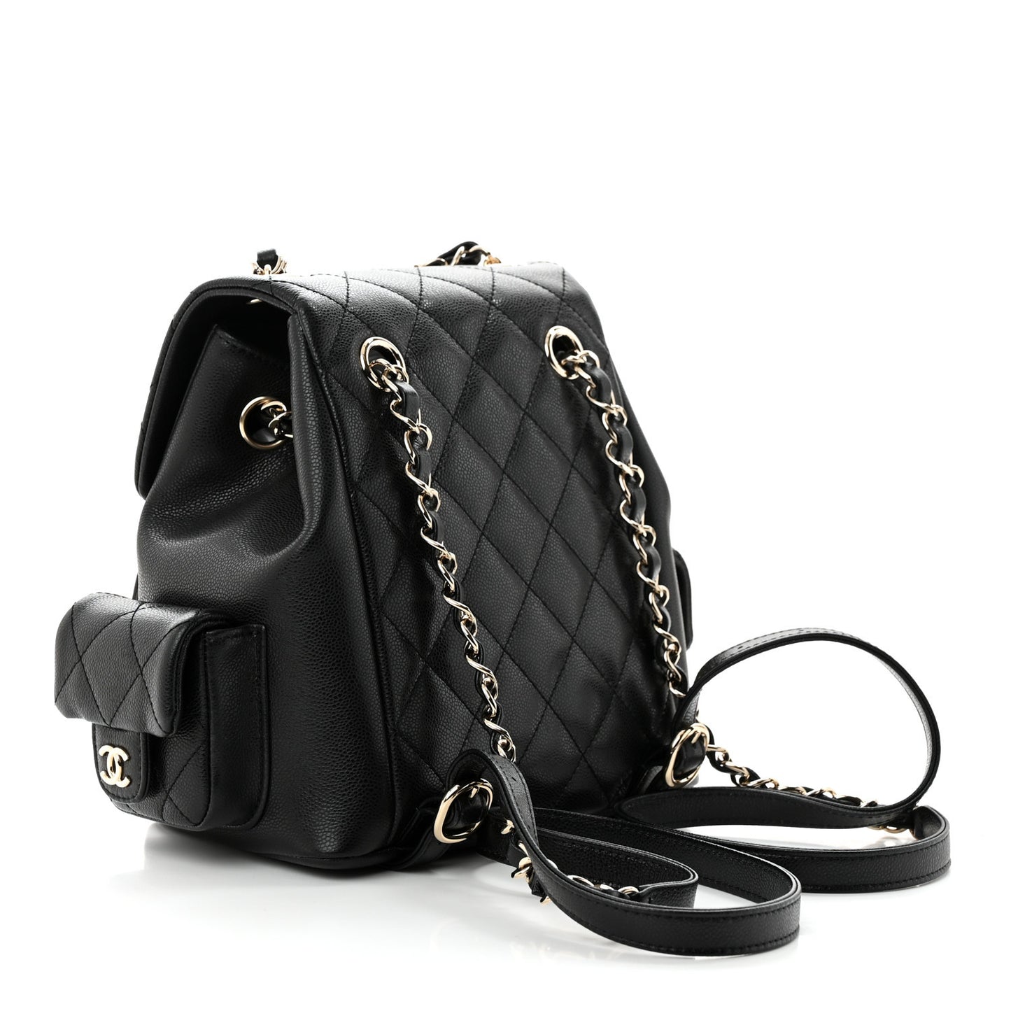Shiny Caviar Quilted Small Pockets Drawstring Backpack Black