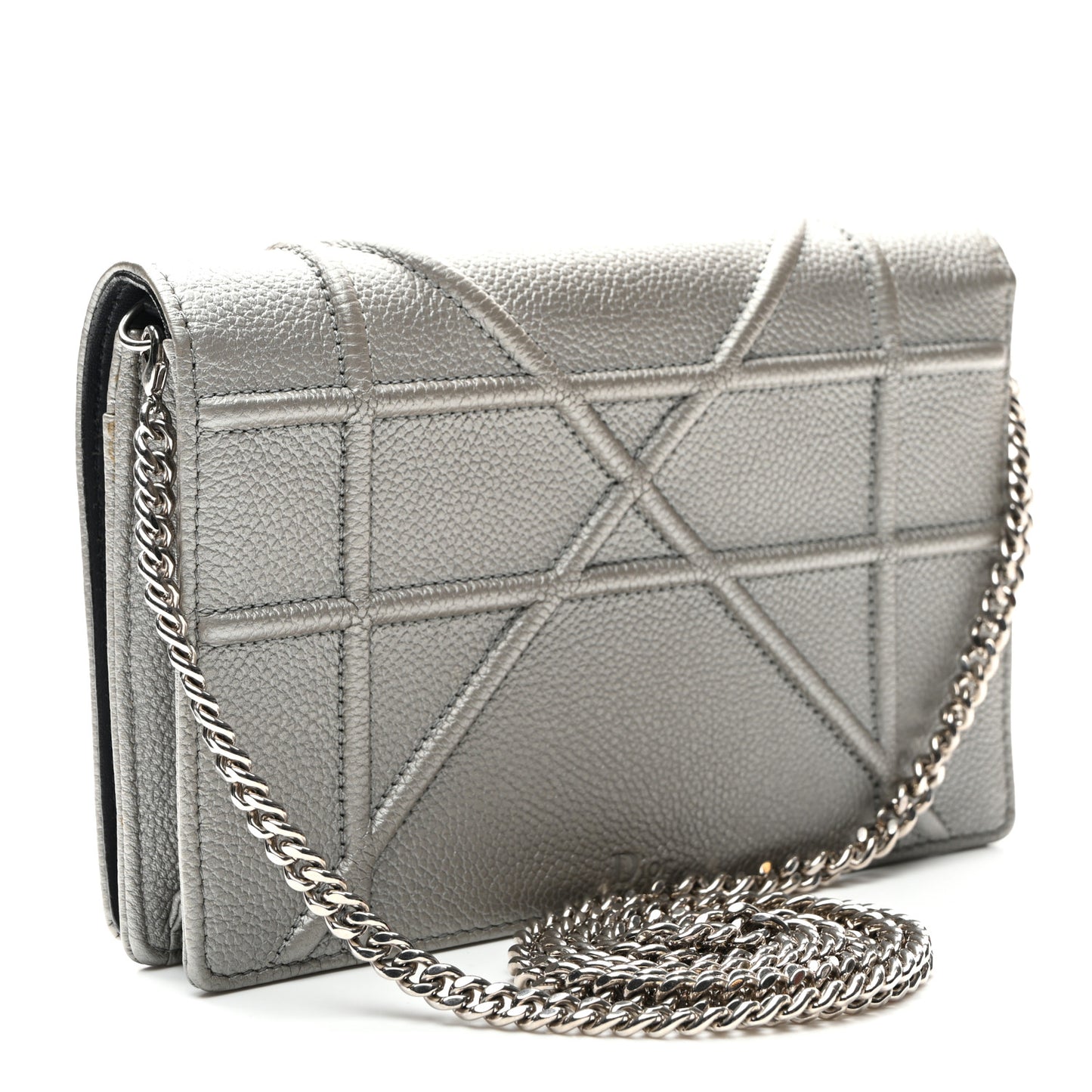 Metallic Grained Calfskin Diorama Wallet on Chain Pouch Silver