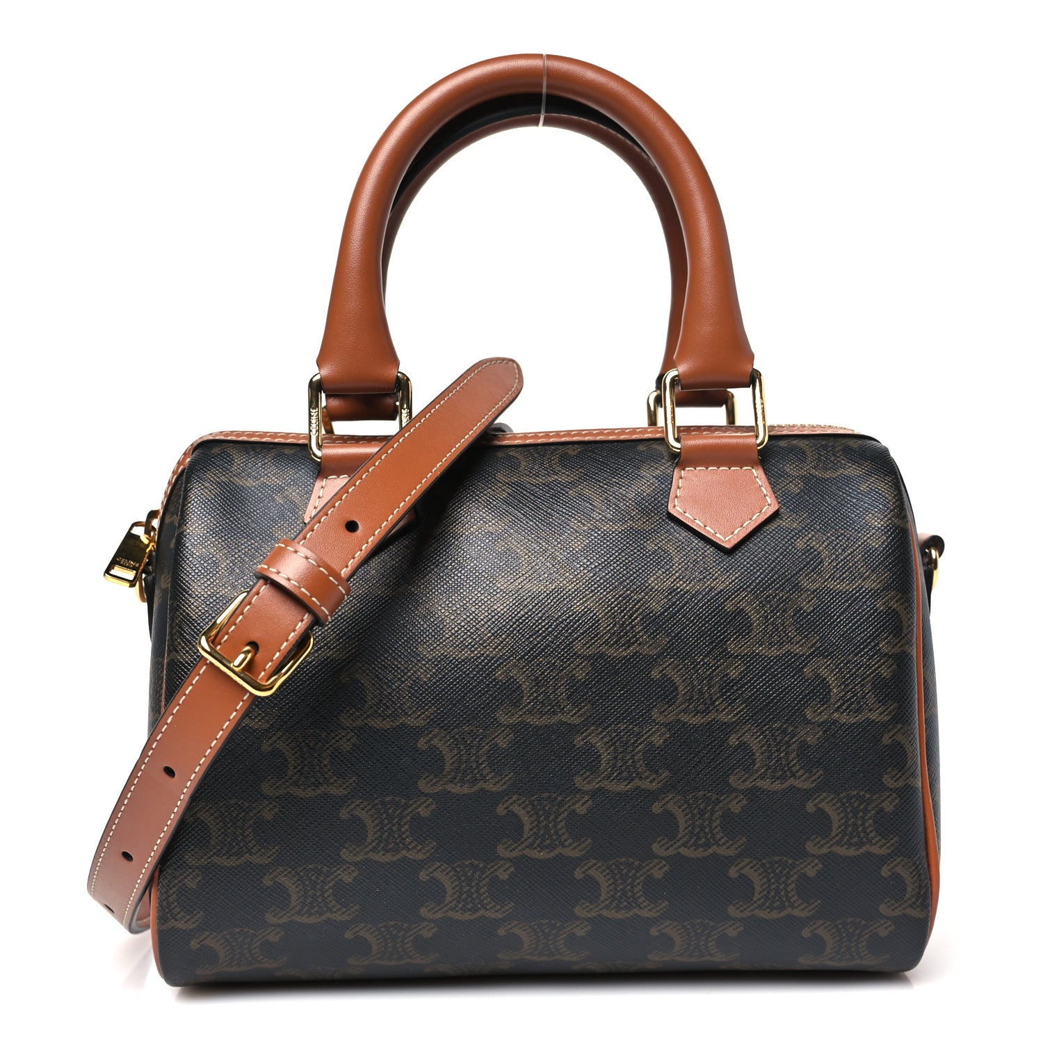Celine Triomphe Canvas Calfskin Small Boston Bag Tan 1836466 