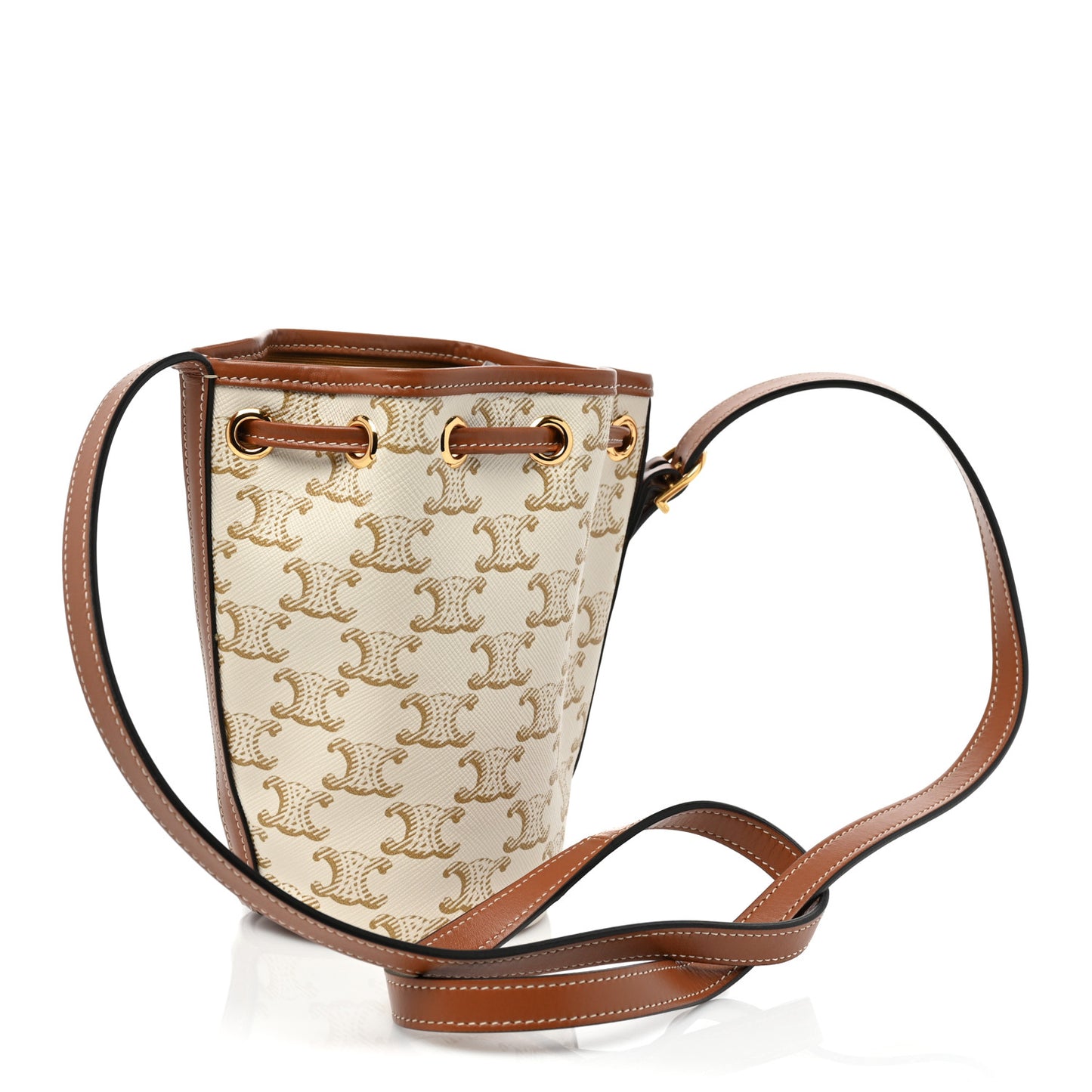 Triomphe Canvas Calfskin Micro Drawstring Bucket Bag White Tan