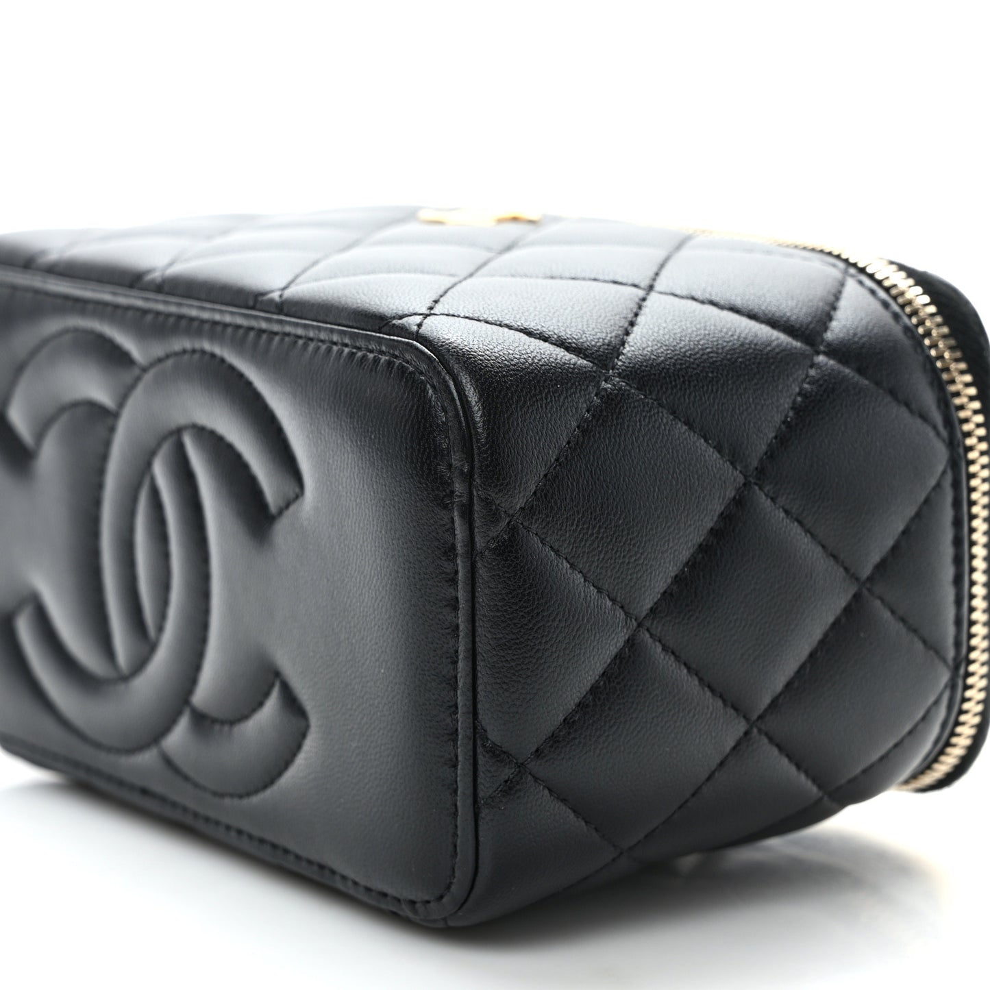 Lambskin Quilted Metal Small Top Handle Vanity Case With Chain Black
