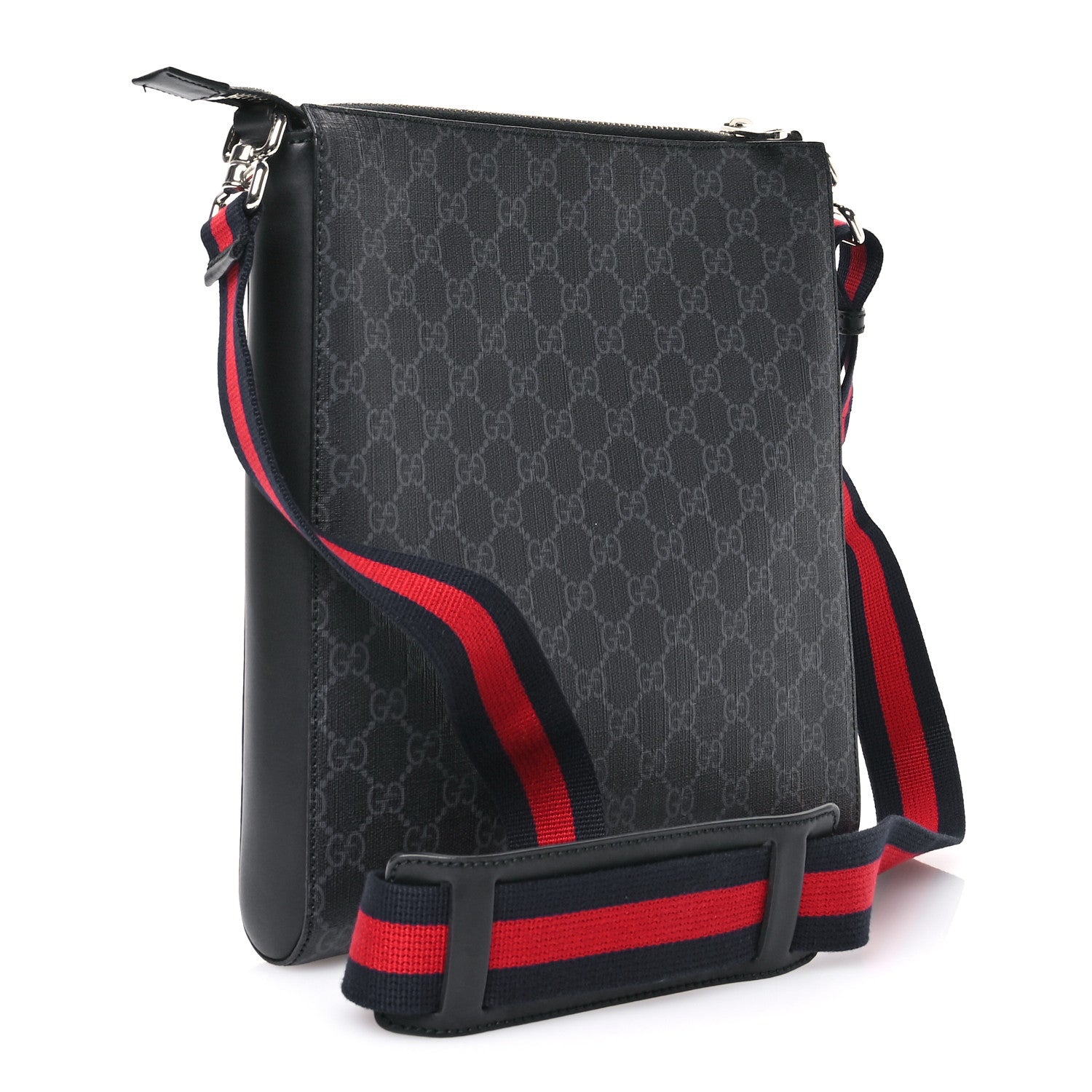 Gucci GG Supreme Monogram Appia Calfskin Web Flat Messenger Bag Black Grey 3 of 11