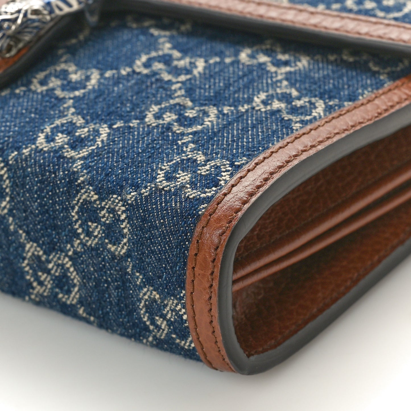 New Denim GG Monogram Dollar Calfskin Enamel Mini Dionysus Chain Wallet Blue Tea Cuir Epilog Electric Blue