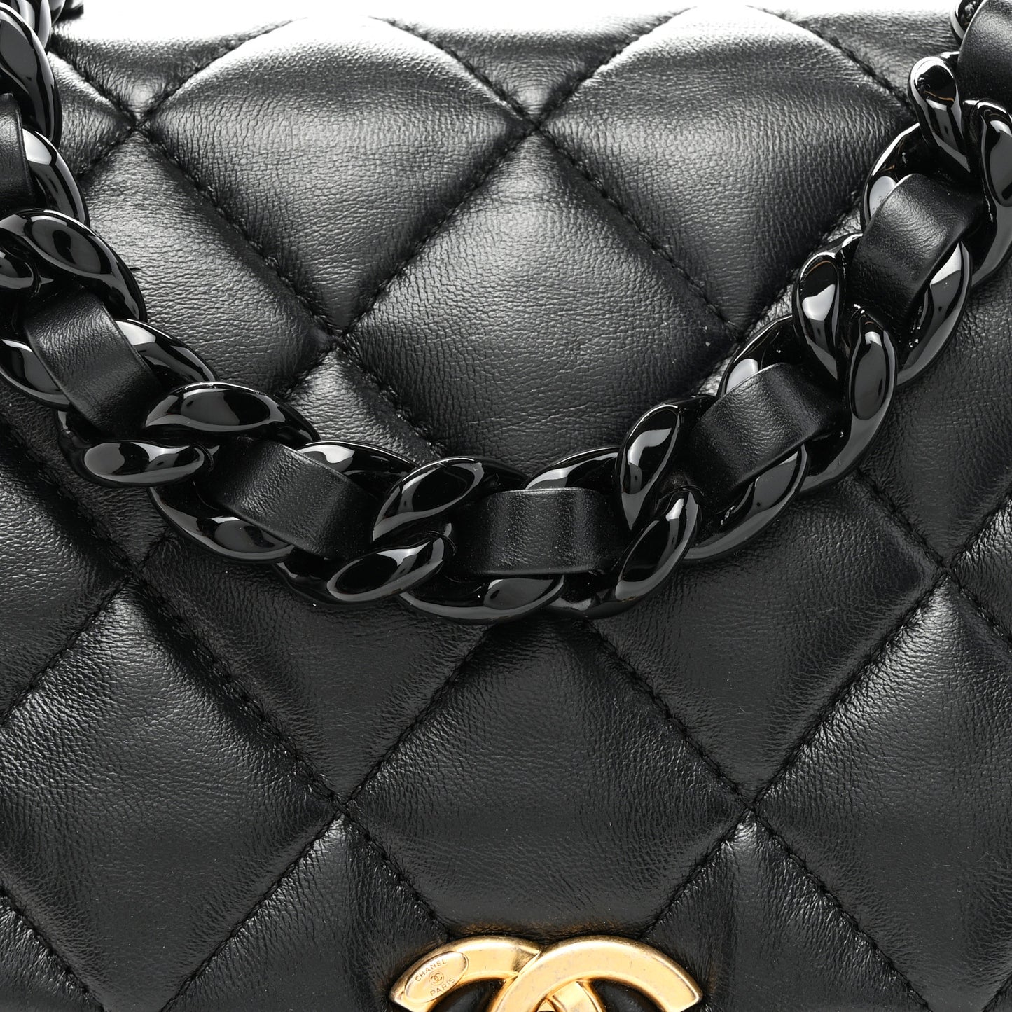 Lambskin Quilted Small Lacquered Chain Flap Black