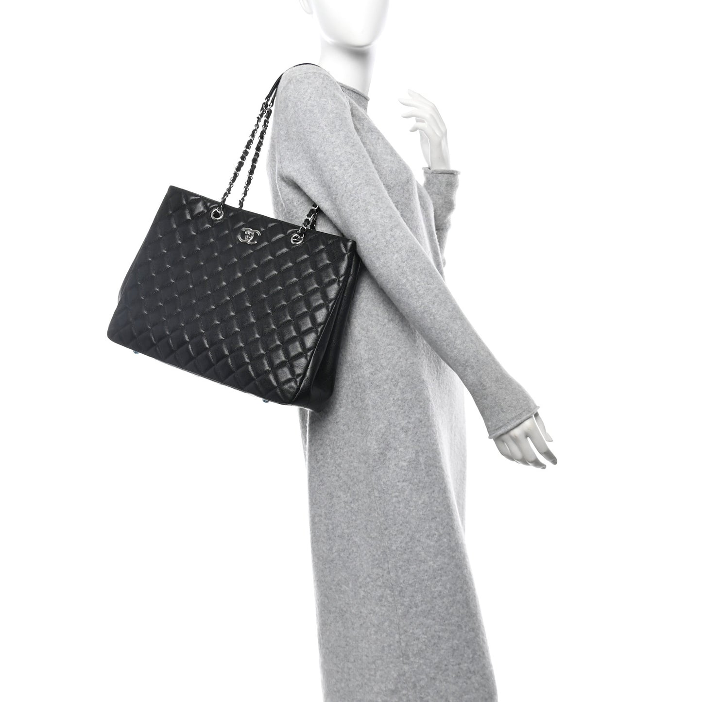 Caviar Quilted Large Shopping Tote Black