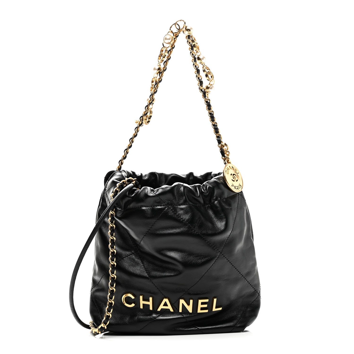 CHANEL ショルダー　バック Chanel Shiny Calfskin Quilted Pearl CC Chain Mini Chanel 22 Black