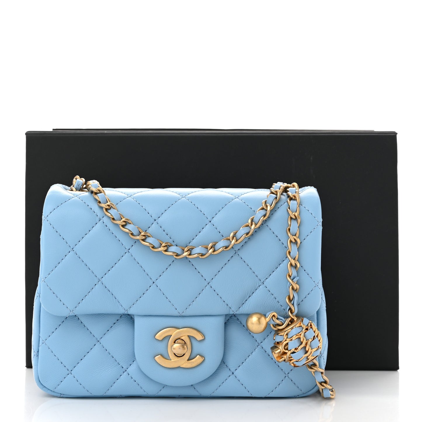 Lambskin Quilted Mini Pearl Crush Flap Light Blue