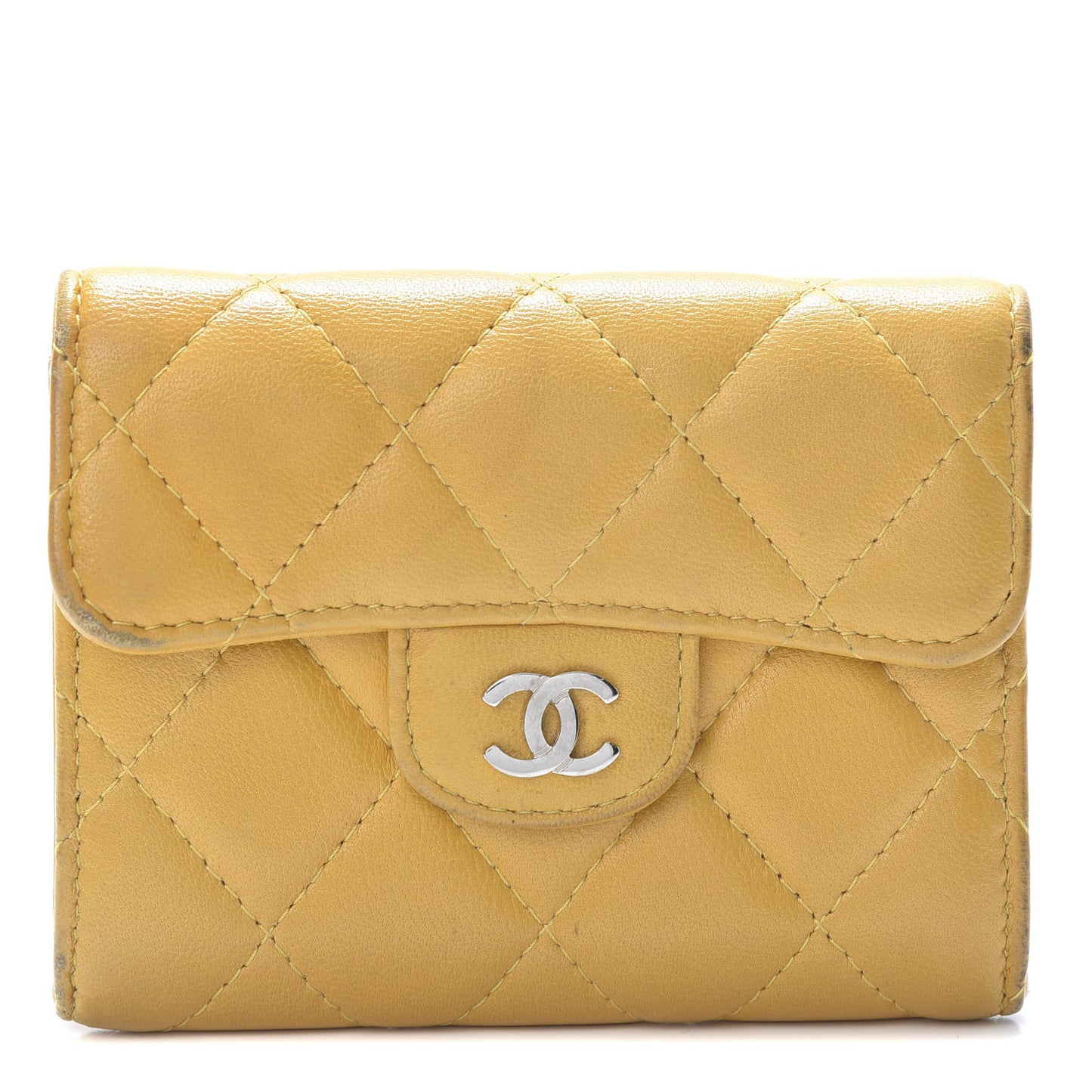 Lambskin Quilted Flap Card Holder Wallet Yellow