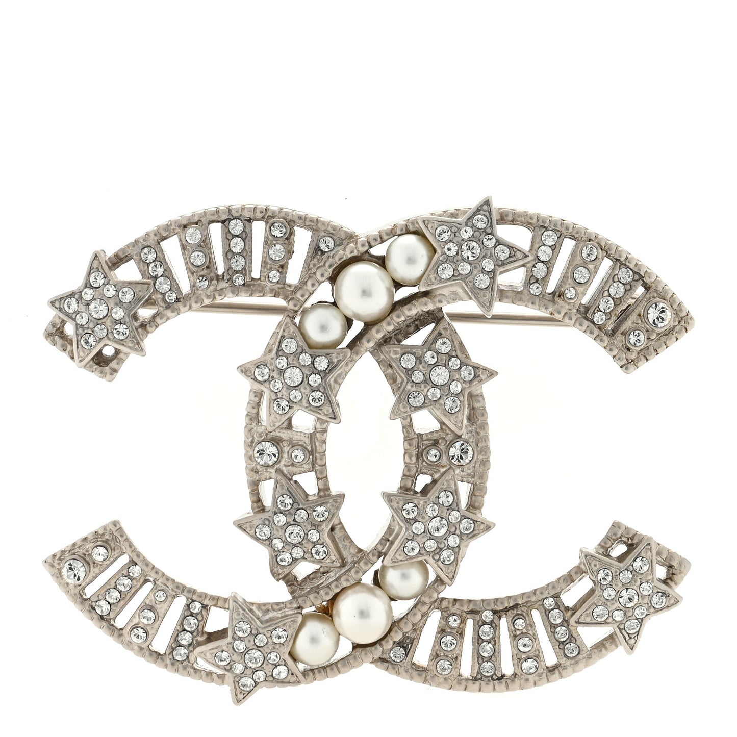 Crystal Pearl CC Star Coco Flapper Brooch Silver