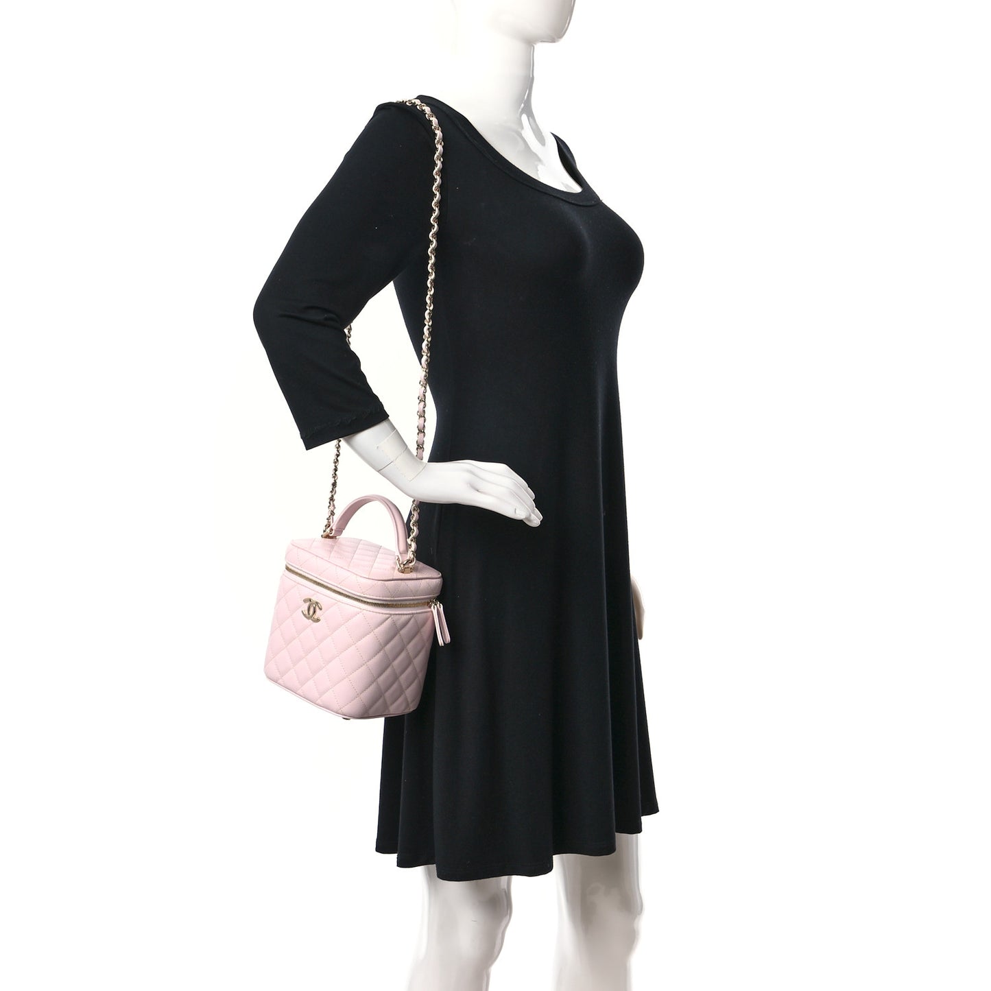 Caviar Quilted Small Top Handle Vanity Case With Chain Light Pink