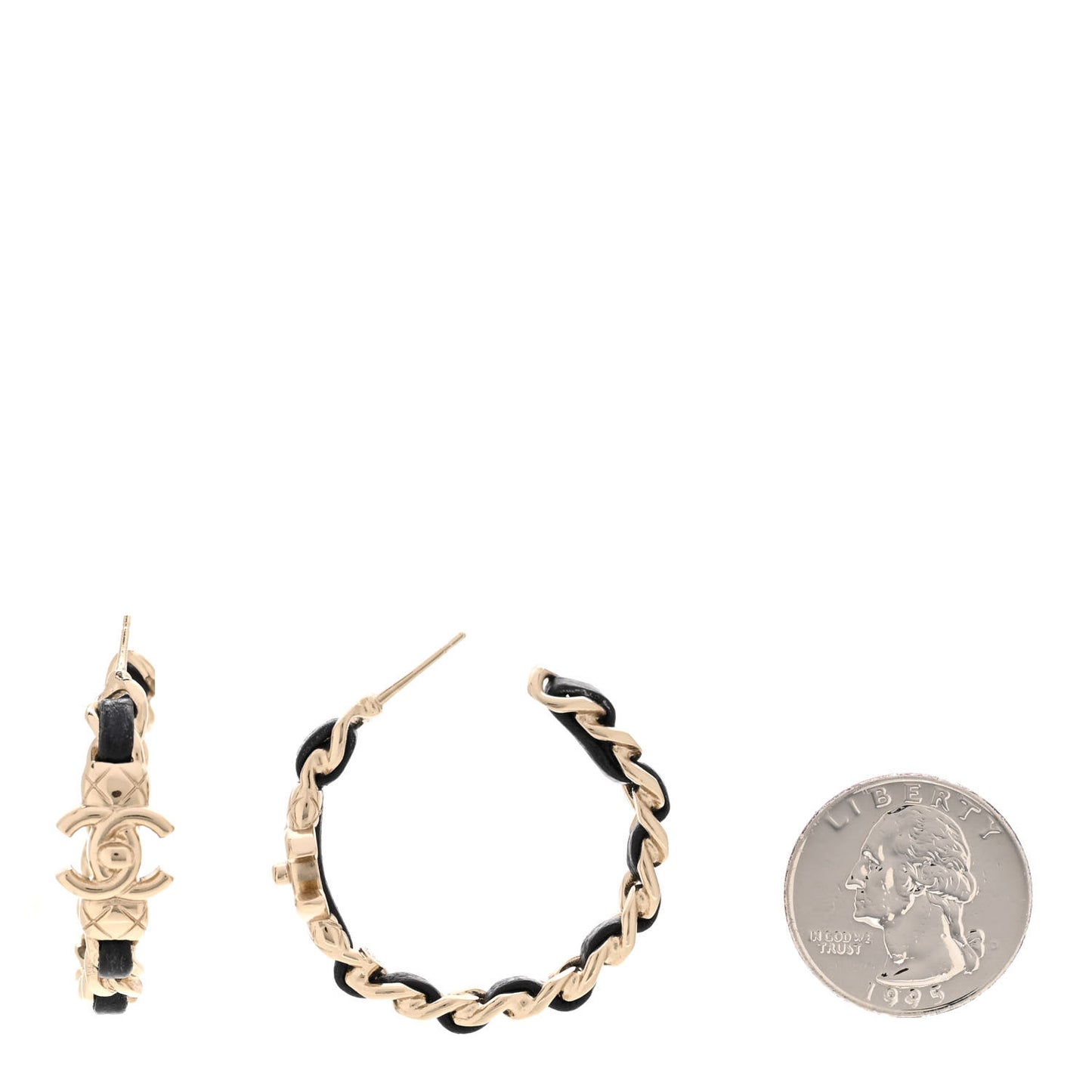 Metal Lambskin Quilted CC Turnlock Chain Hoop Earrings Gold Black