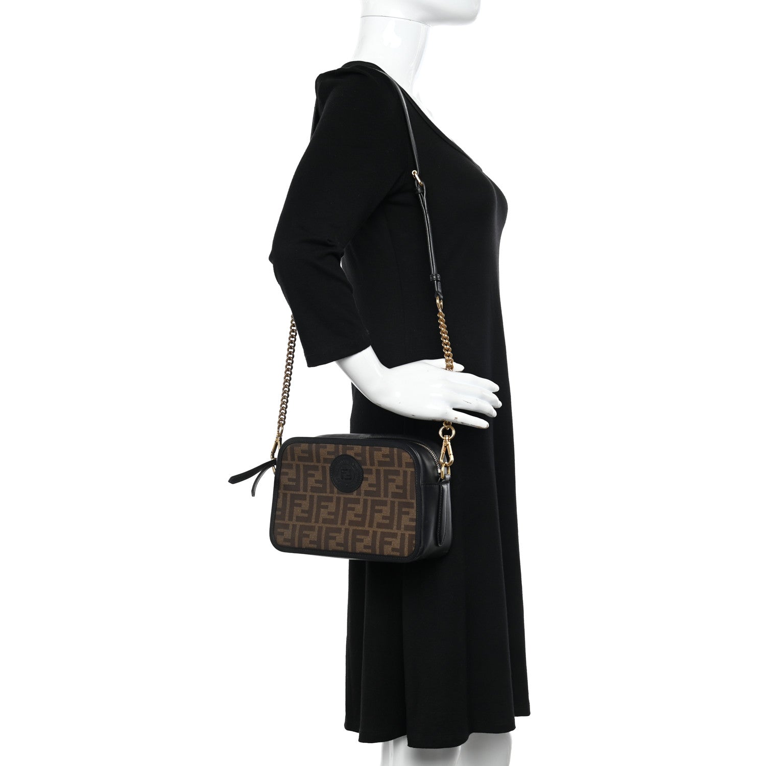 Fendi Glazed Fabric Vitello Century FF 1974 Stamp Patch Camera Case Mogano Panna Black 3 of 10