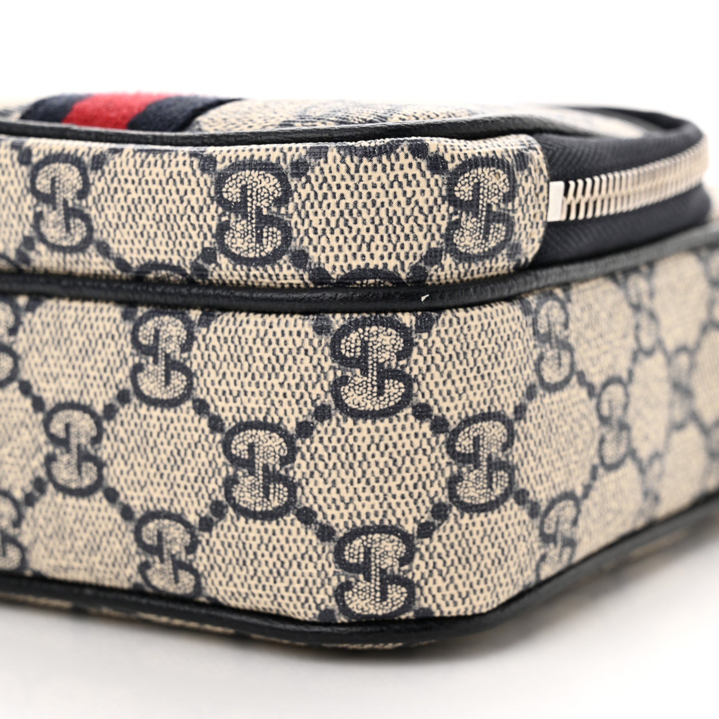 GG Supreme Monogram Textured Dollar Calfskin Web Mini Ophidia Double Zip Messenger Bag Beige Blue