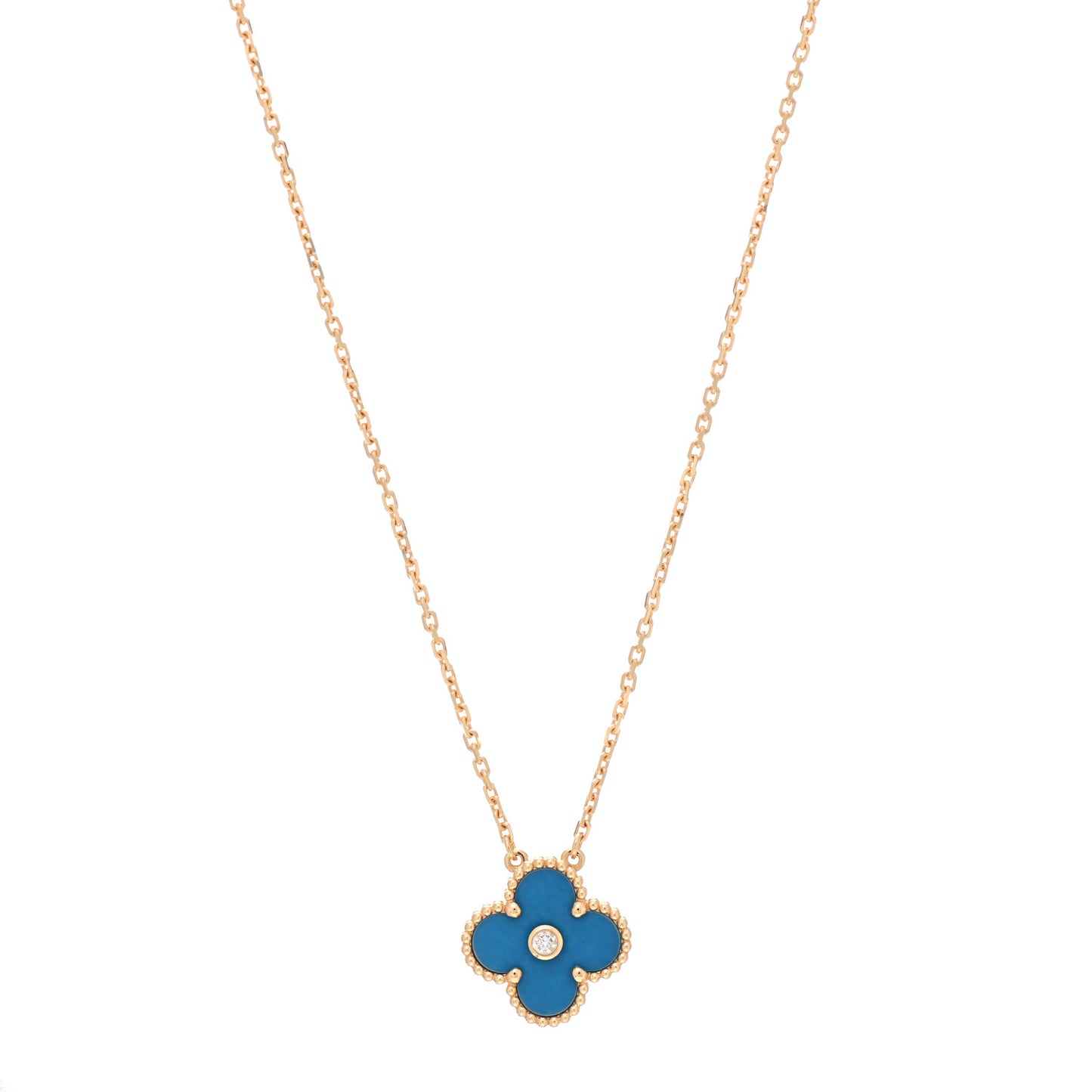 18K Yellow Gold Diamond Celestial Blue Sevres Porcelain Vintage Alhambra Pendant Necklace