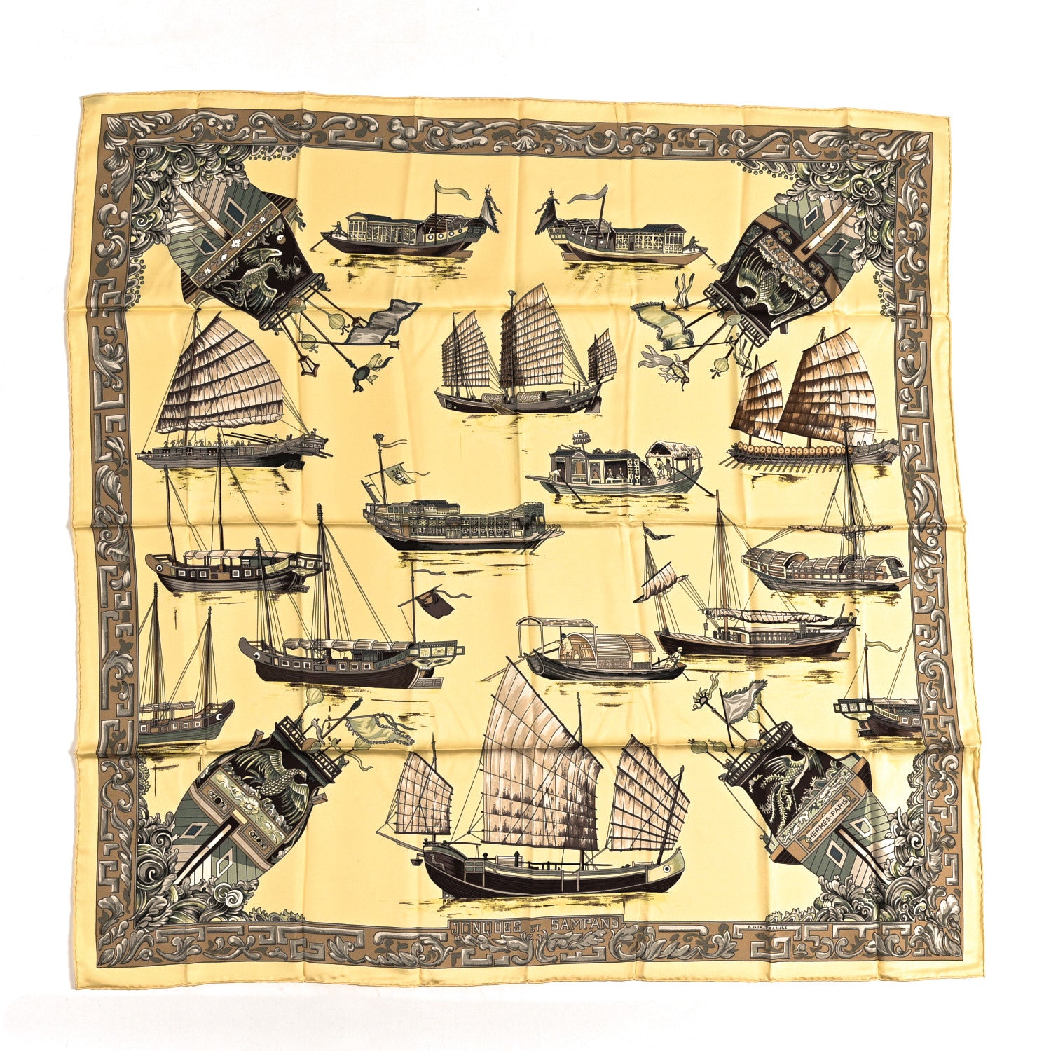 エルメス　HERMES カレ　スカーフ　junques et sampans Hermes Silk Jonques et Sampans Scarf 90 1847595 – FASHIONPHILE