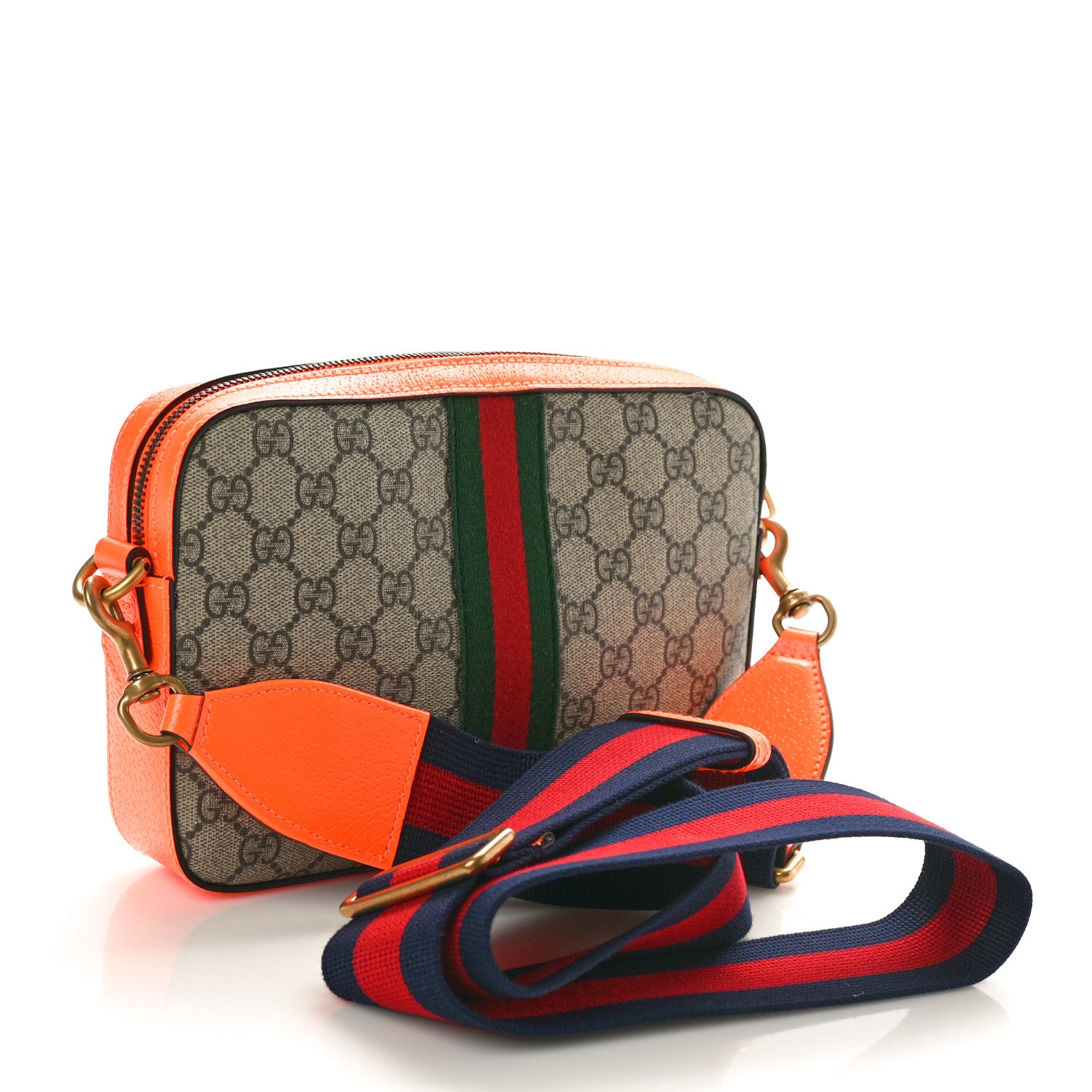 Gucci GG Supreme Monogram Textured Dollar Calfskin Web Ophidia Wristlet Shoulder Bag Beige Ebony Orange 3 of 10