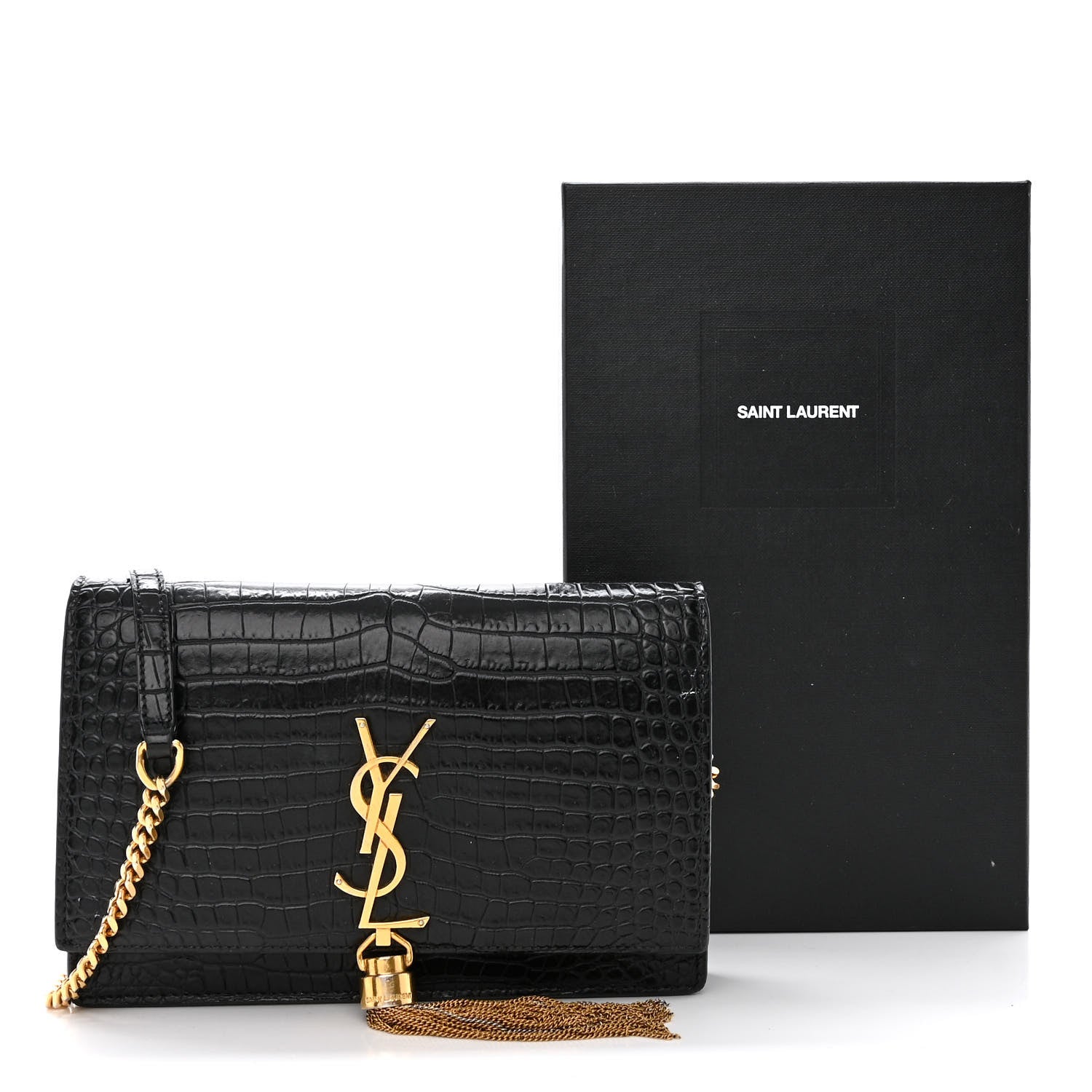 Saint Laurent Calfskin Crocodile Embossed Kate Monogram Tassel Chain Wallet Black 13 of 13