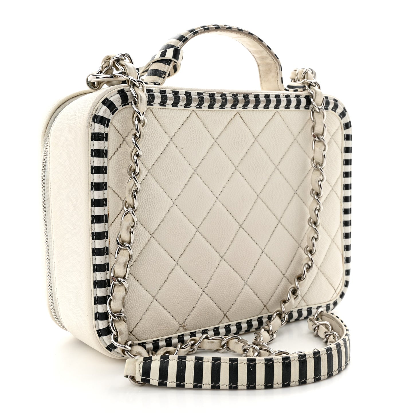 Caviar Quilted Striped Medium CC Filigree Vanity Case White Black