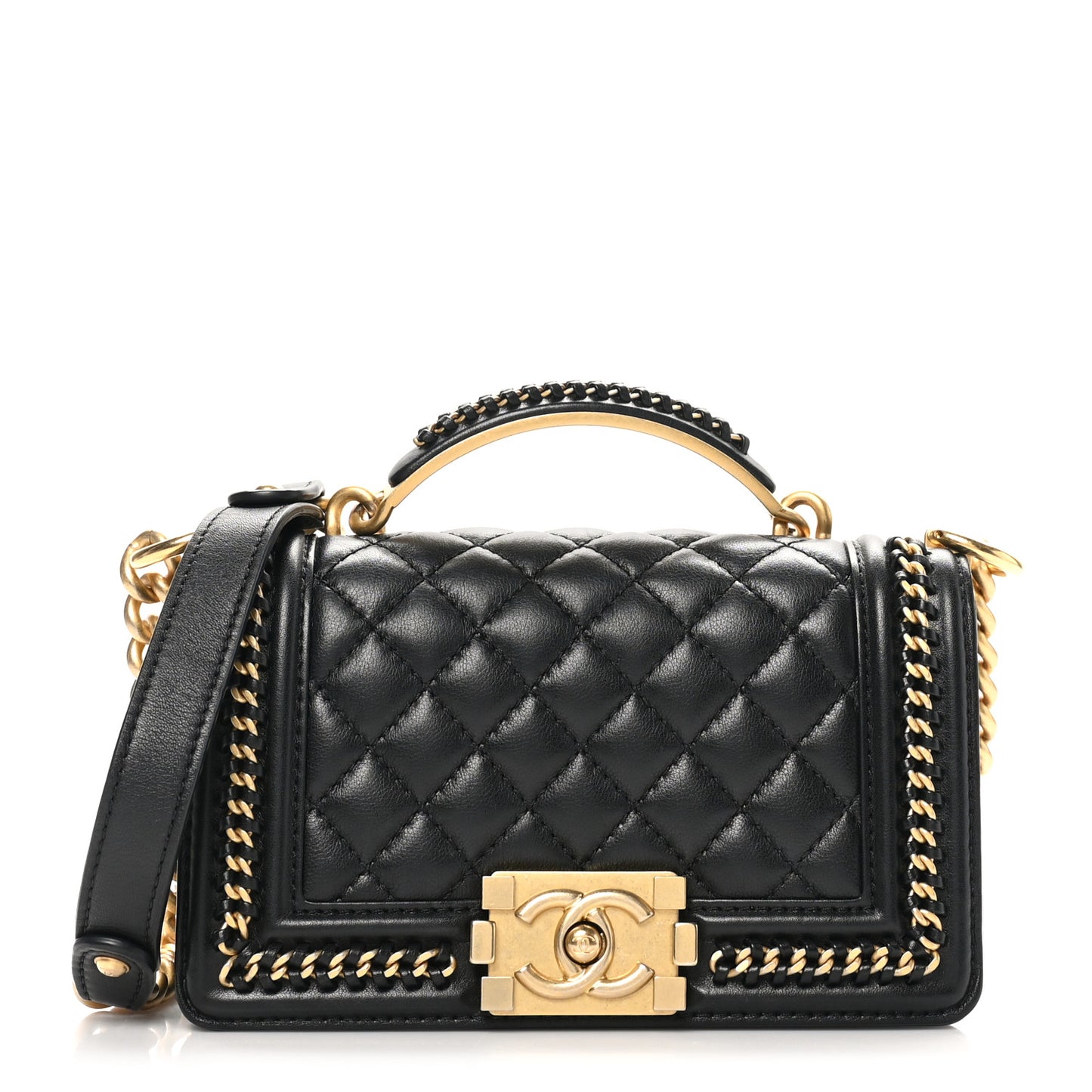 Lambskin Quilted Small Top Handle Boy Flap Black
