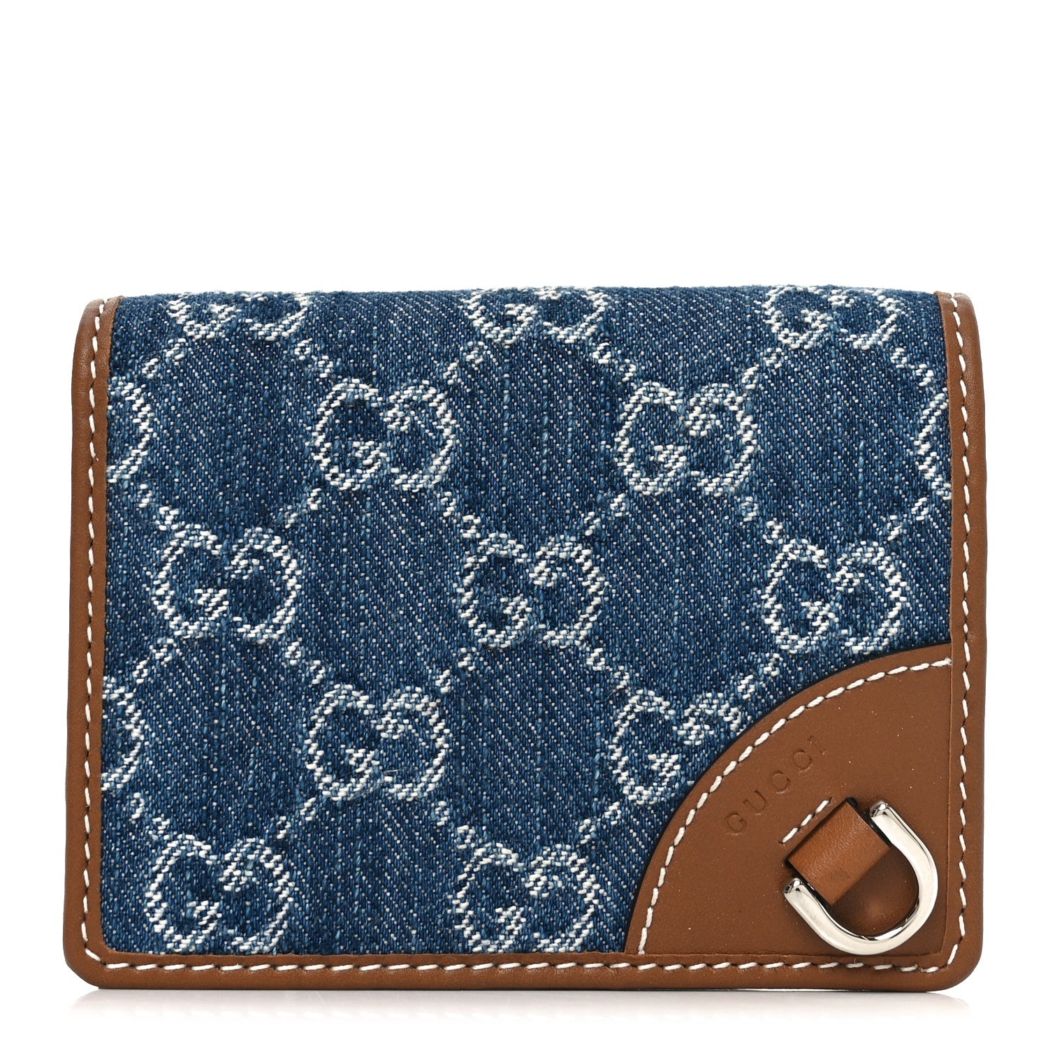 Gucci New Denim GG Monogram Emblem Mini Wallet Blue Tea Cuir