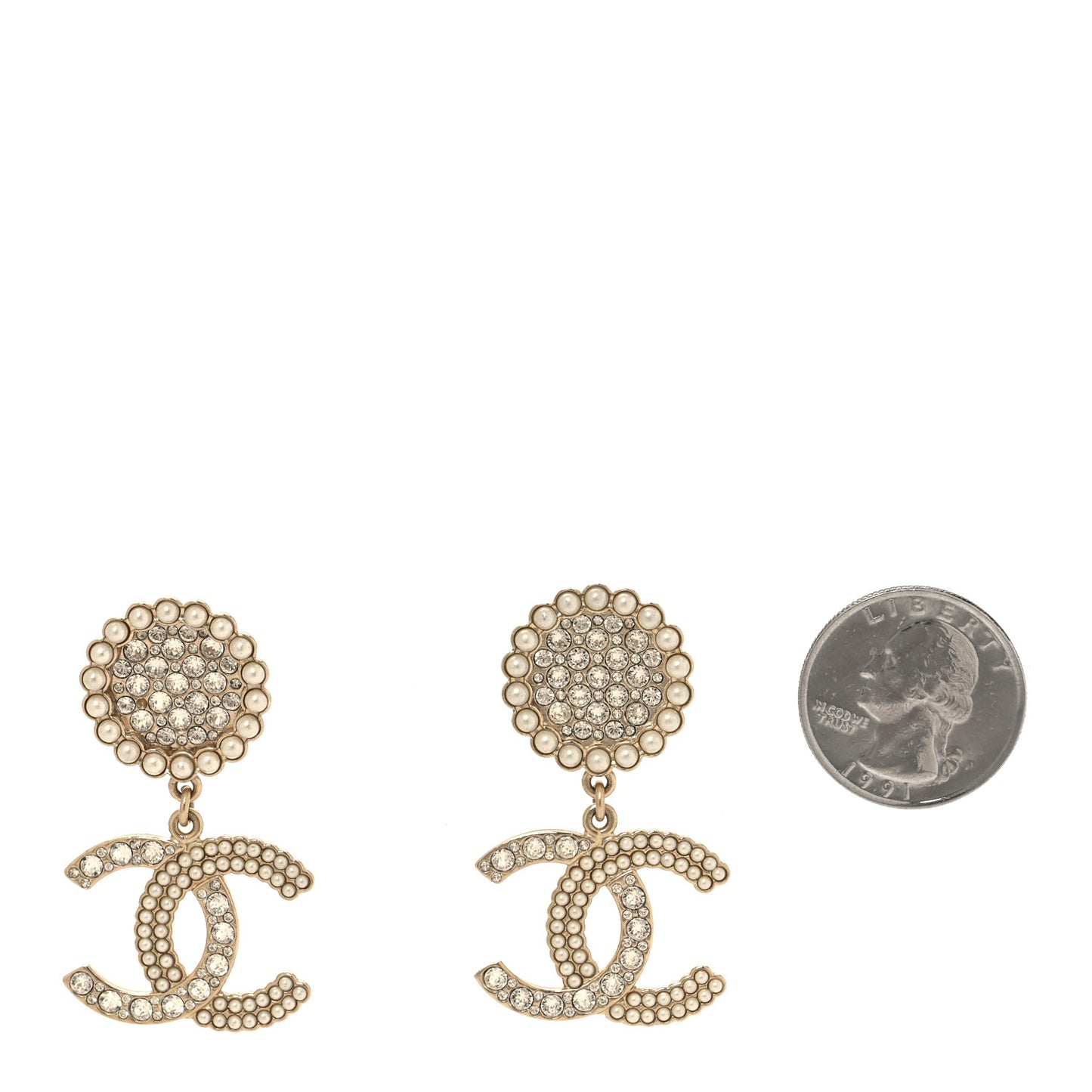 Crystal Pearl CC Drop Round Earrings Gold