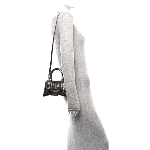 Metallic Shiny Calfskin Crocodile Embossed Hourglass Top Handle Bag XS Dark Bronze