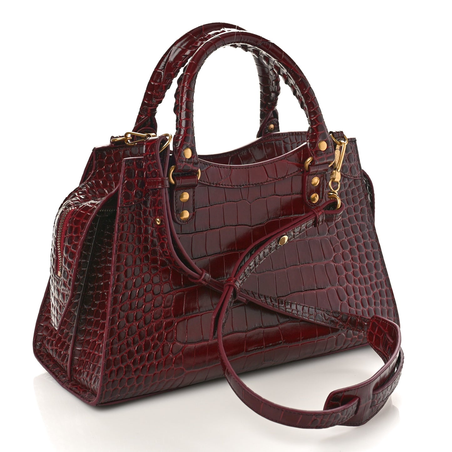 Shiny Supple Calfskin Crocodile Embossed Classic Gold Hardware S City Dark Red