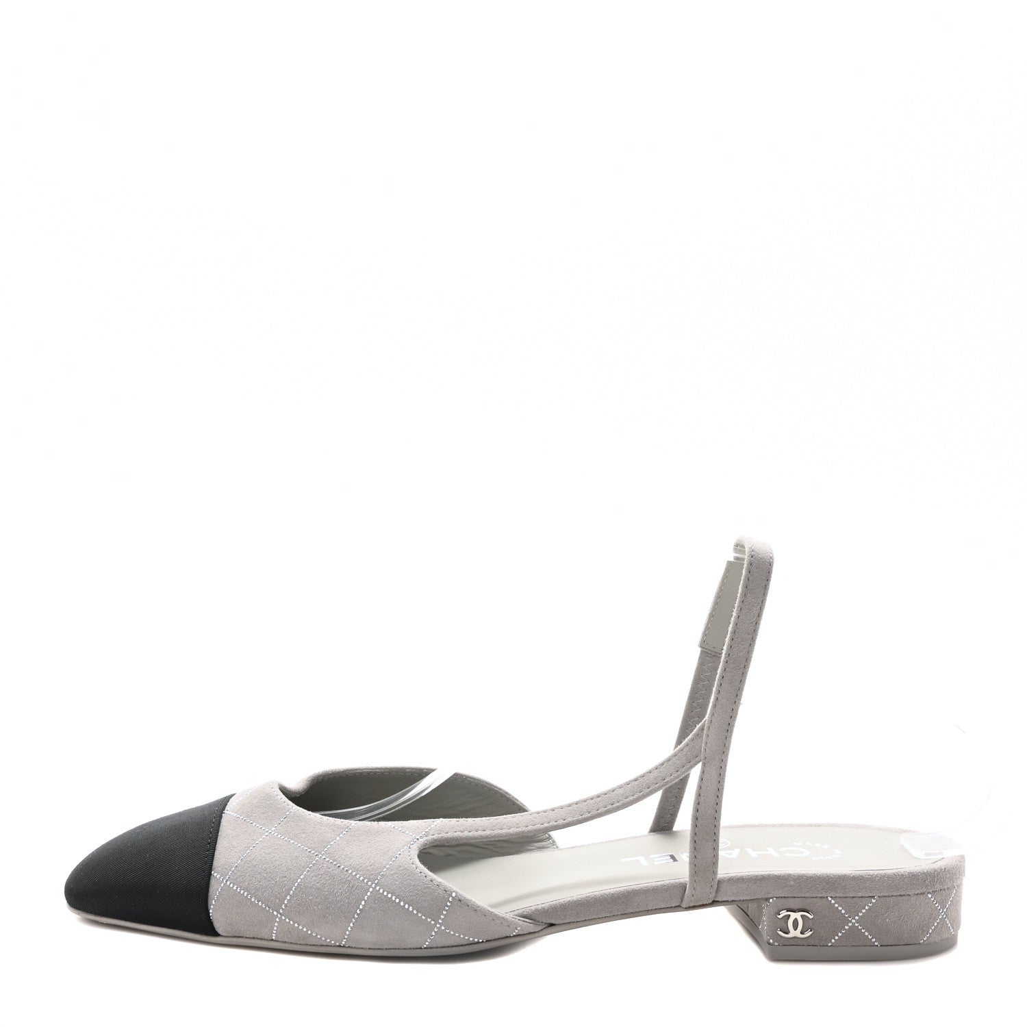 Chanel Suede Crystal Grosgrain Cap Toe CC Slingback Flats 40 Gray