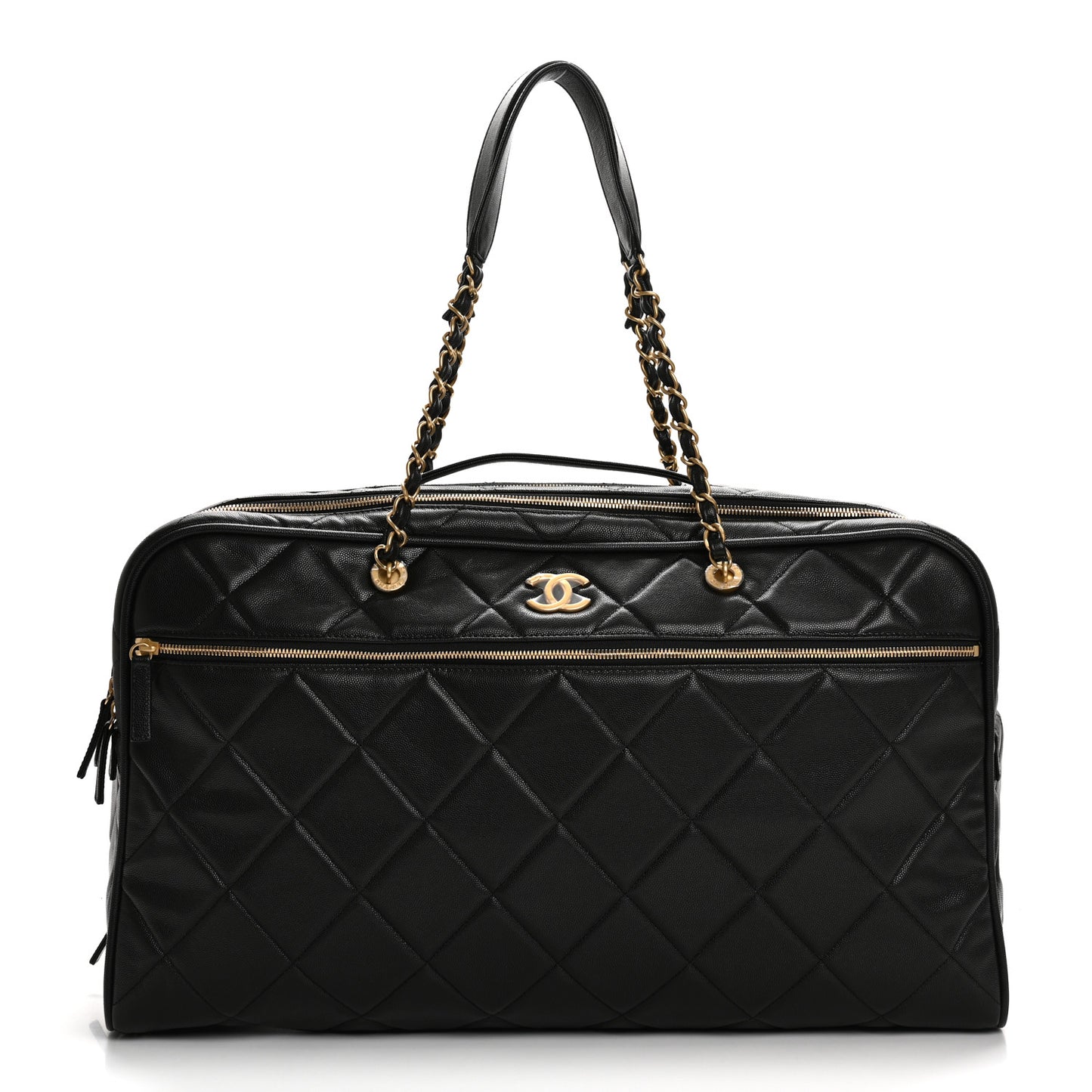 Shiny Grained Calfskin Quilted Large Travel Bowling Bag Black