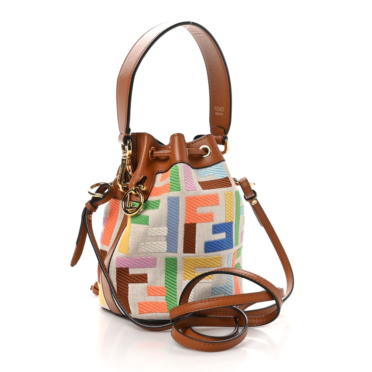 Kuban Canvas Vitello King F is Fendi FF Embroidered Mini Mon Tresor Bucket Bag Multicolor Cuoio