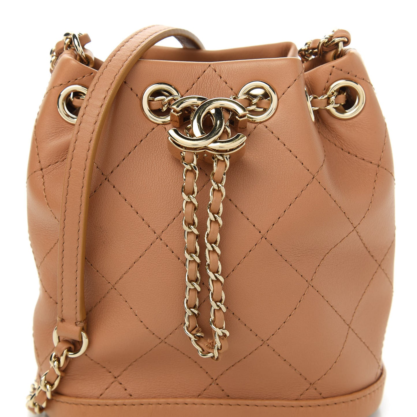 Calfskin Stitched Chain Bucket Bag Camel