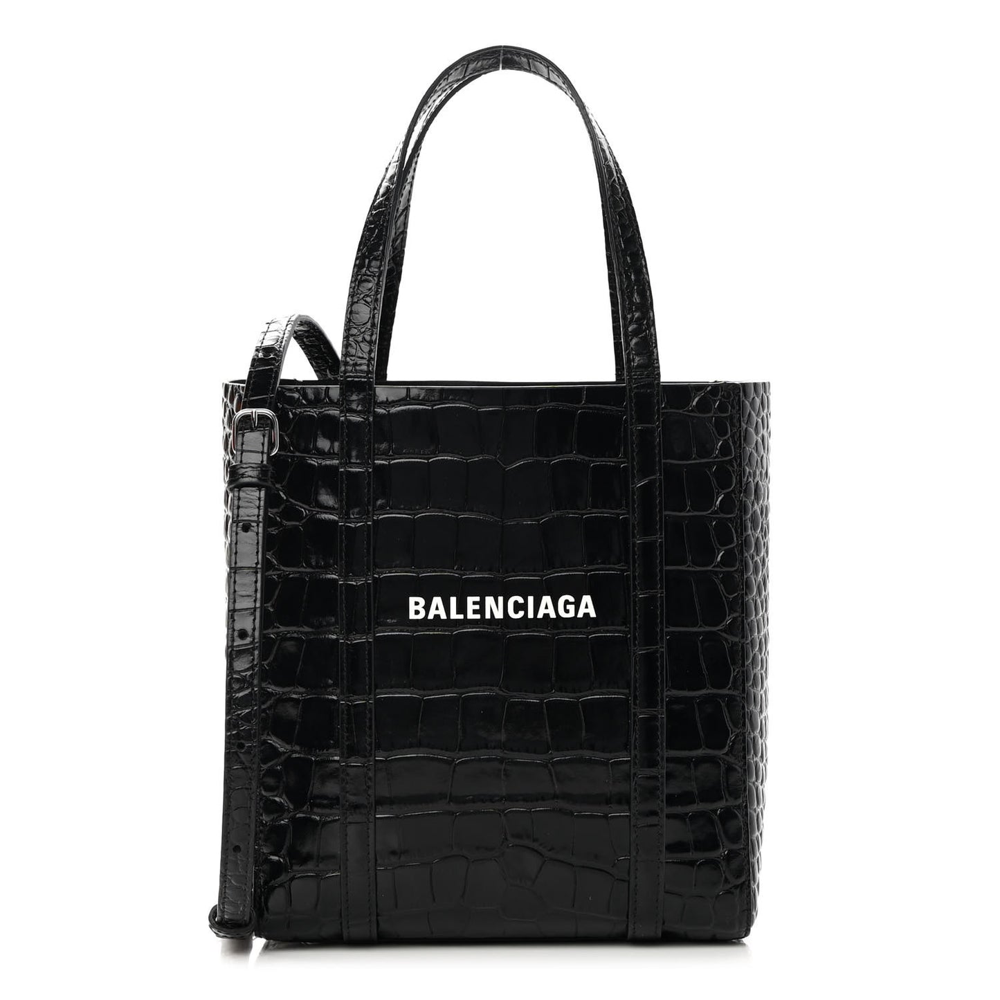 Shiny Calfskin Logo Crocodile Embossed XXS Everyday Tote Black