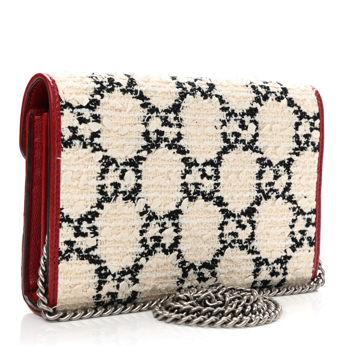 Tweed GG Monogram Mini Dionysus Chain Wallet White Black Romantic Cherry