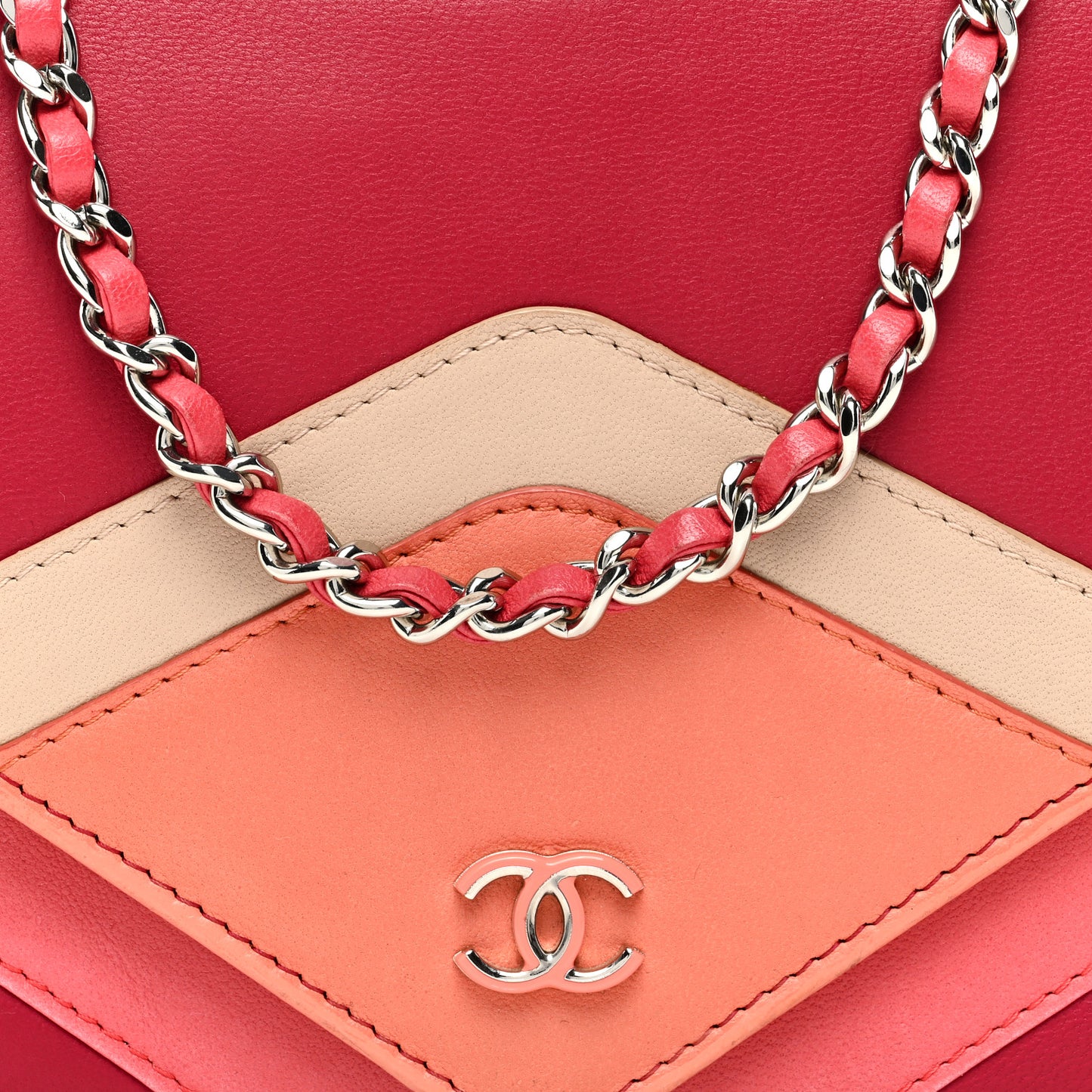 Lambskin Chevron Wallet On Chain WOC Dark Pink Multicolor